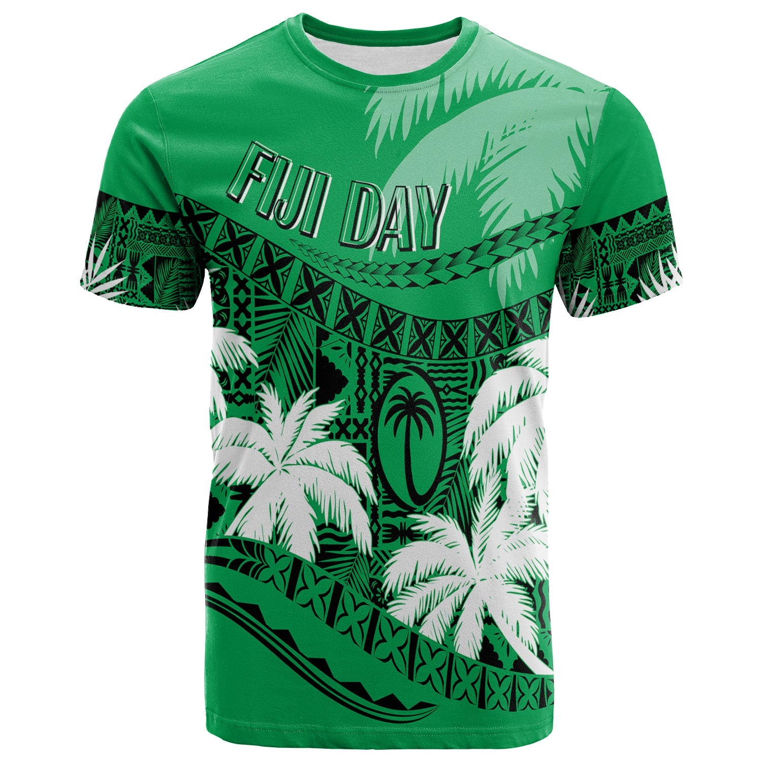 Custom Fiji Day T Shirt Flying Fijians Masi Kesa Style Green LT7 Green - Polynesian Pride