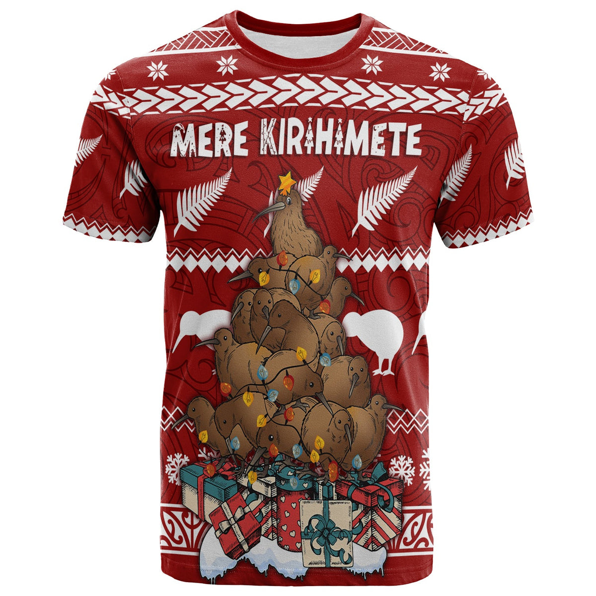 New Zealand T Shirt Mere Kirihimete Kiwi Xmas Tree LT7 Red - Polynesian Pride