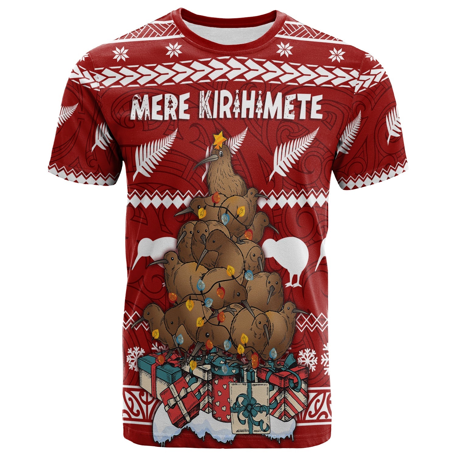 New Zealand T Shirt Mere Kirihimete Kiwi Xmas Tree LT7 Red - Polynesian Pride