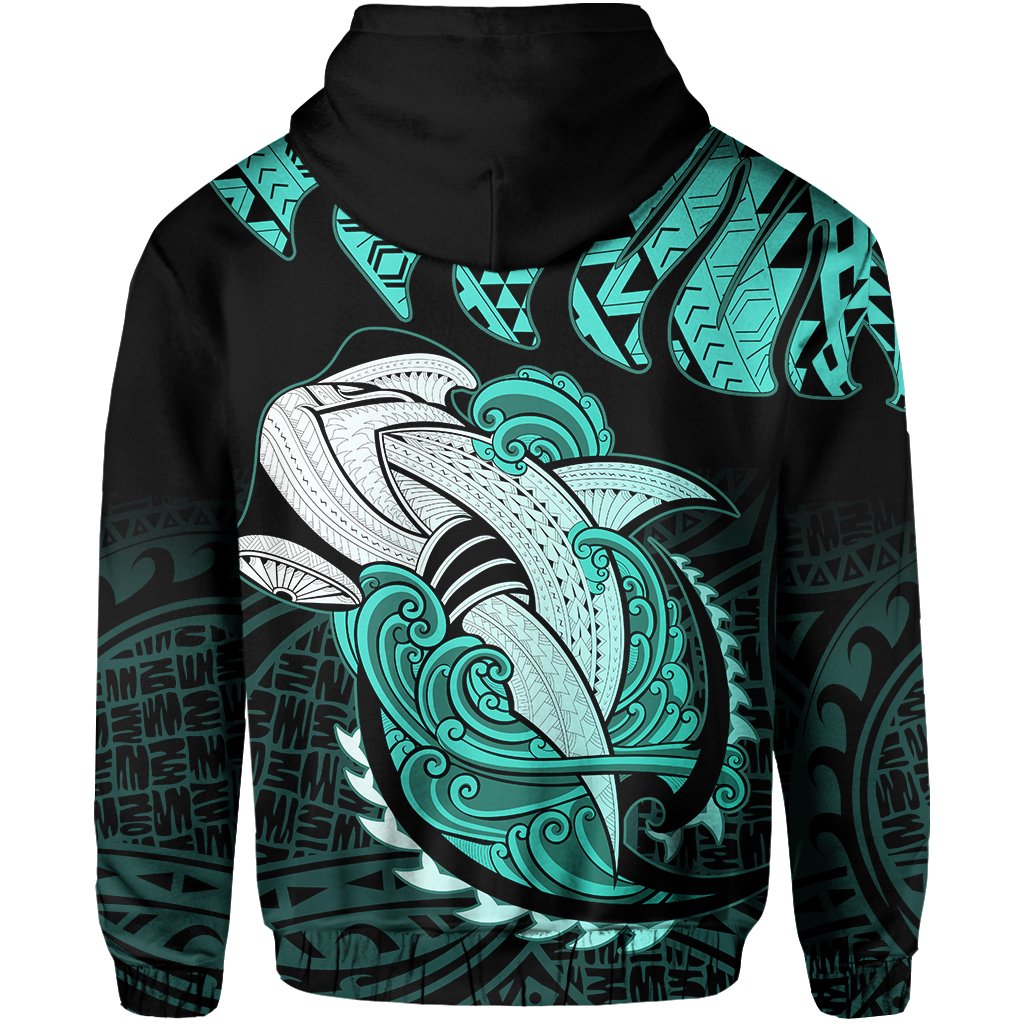 Hawaii Polynesian Aumakua Hammerhead Shark Hoodie Zip Cloud Style Turquoise - Polynesian Pride