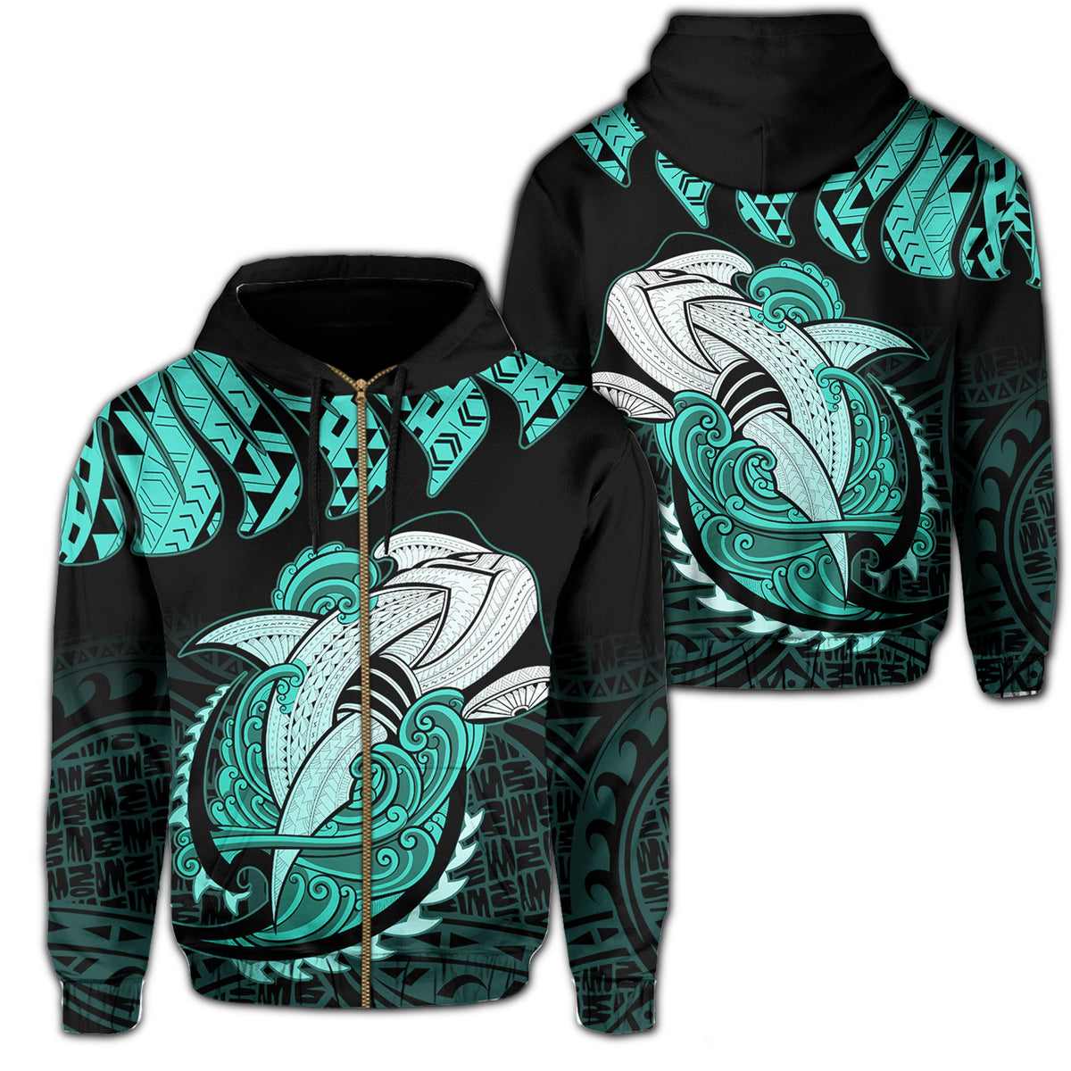 Hawaii Polynesian Aumakua Hammerhead Shark Hoodie Zip Cloud Style Turquoise Unisex Turquoise - Polynesian Pride