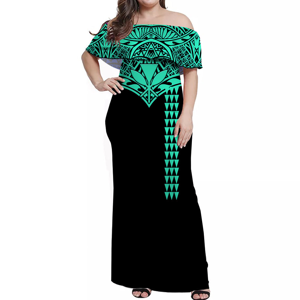 Hawaii Polynesian Tribal Off Shoulder Dress Turquoise - LT12 Long Dress Blue - Polynesian Pride