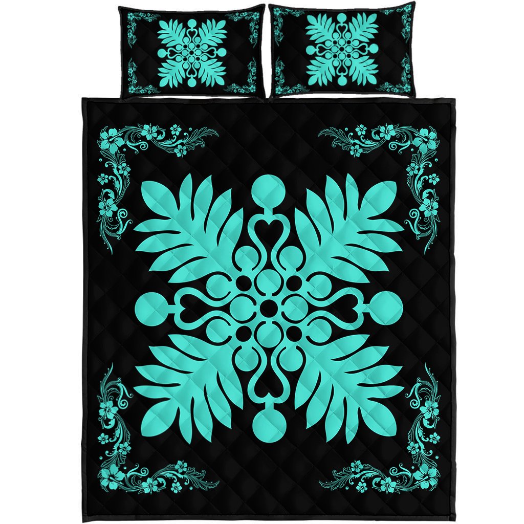 Hawaiian Quilt Maui Plant And Hibiscus Pattern Quilt Bed Set - Turquoise Black - AH Turquoise - Polynesian Pride