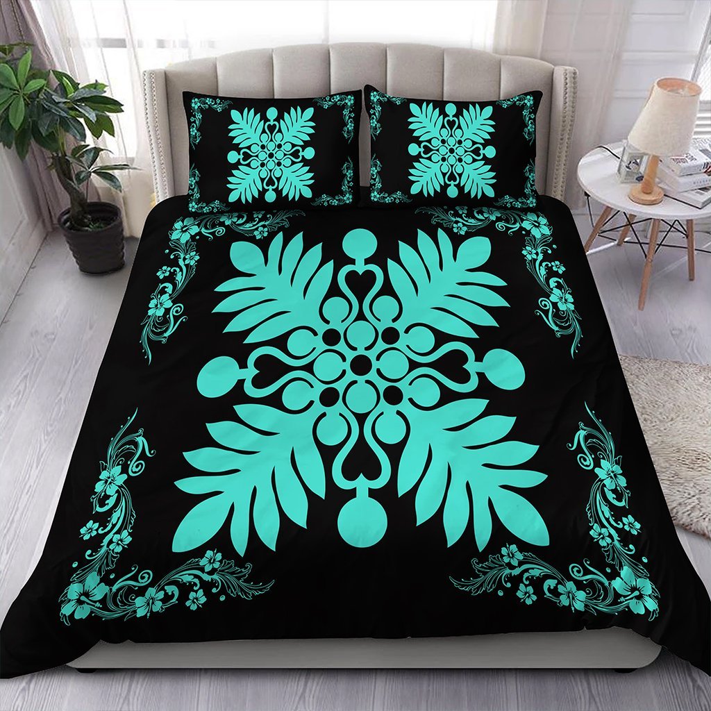 Hawaiian Quilt Maui Plant And Hibiscus Pattern Bedding Set - Turquoise Black - AH Turquoise - Polynesian Pride