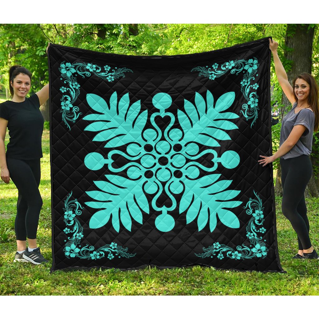 Hawaiian Quilt Maui Plant And Hibiscus Premium Quilt - Turquoise Black - AH Turquoise - Polynesian Pride