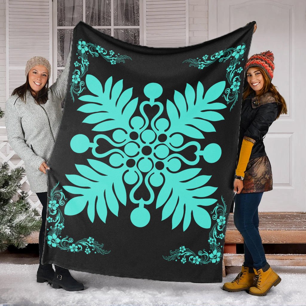 Hawaiian Quilt Maui Plant And Hibiscus Premium Blanket - Turquoise Black - AH - Polynesian Pride