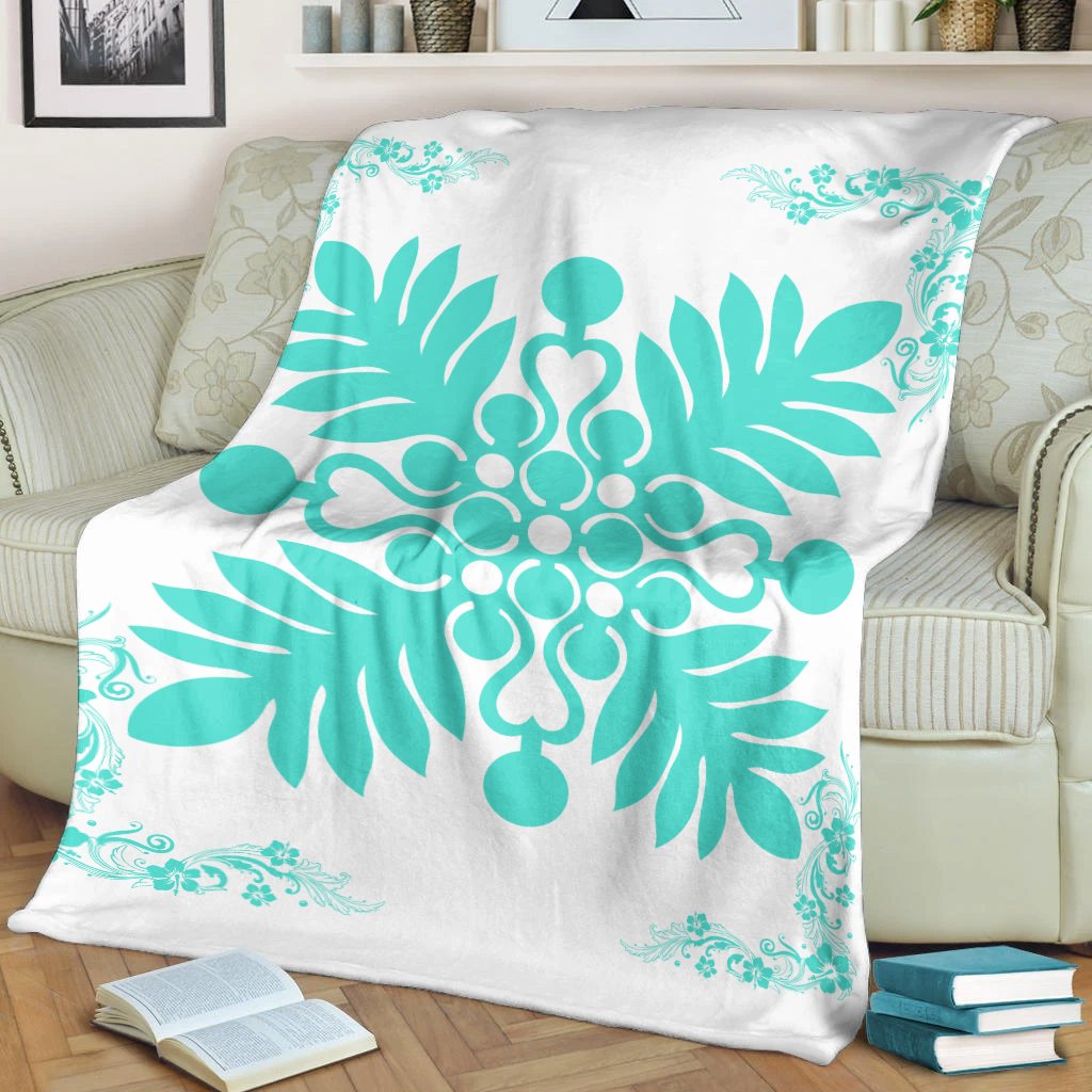 Hawaiian Quilt Maui Plant And Hibiscus Premium Blanket - Turquoise White - AH - Polynesian Pride