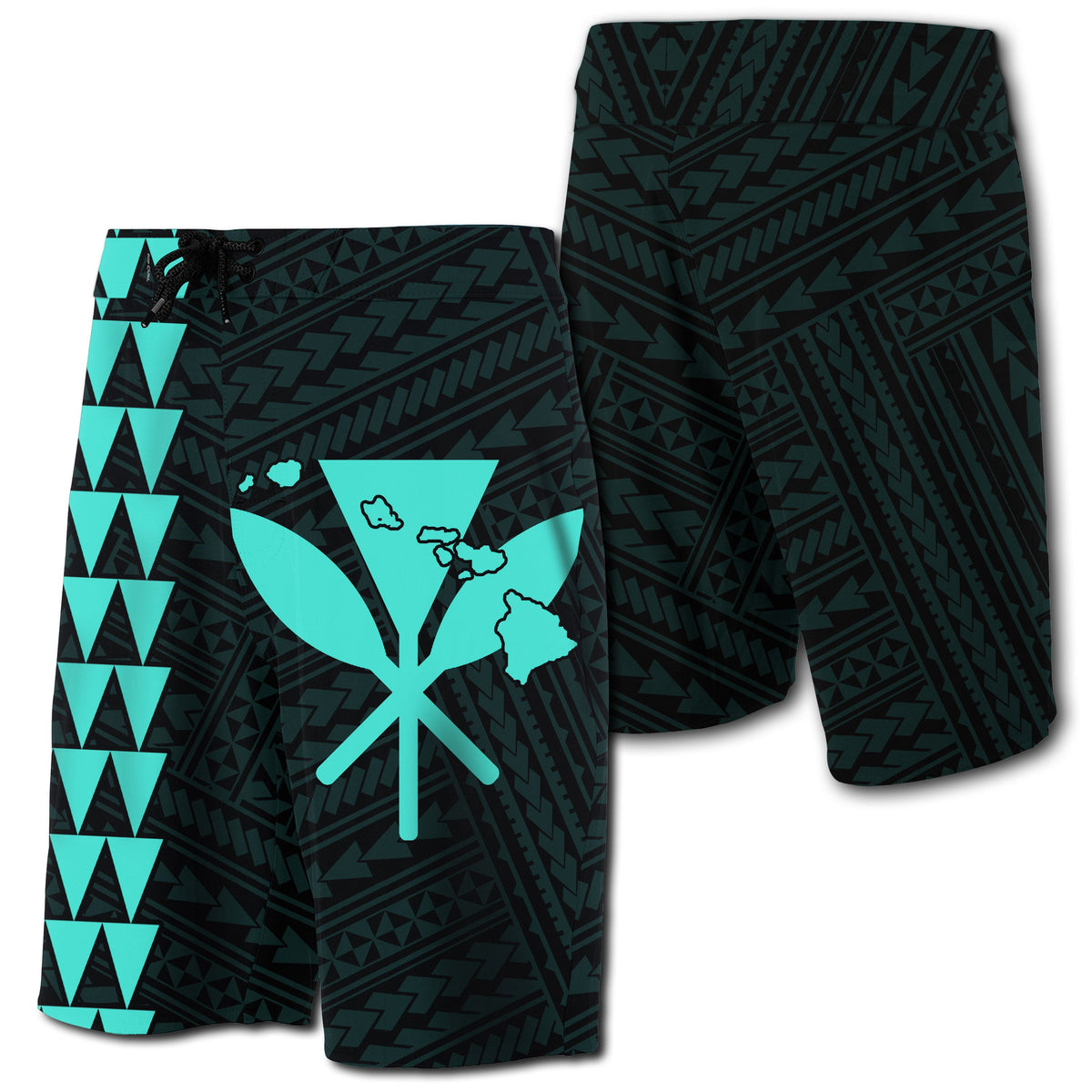 Hawaii Kakau Polynesian Kanaka Map Board Shorts - Turquoise Men Turquoise - Polynesian Pride