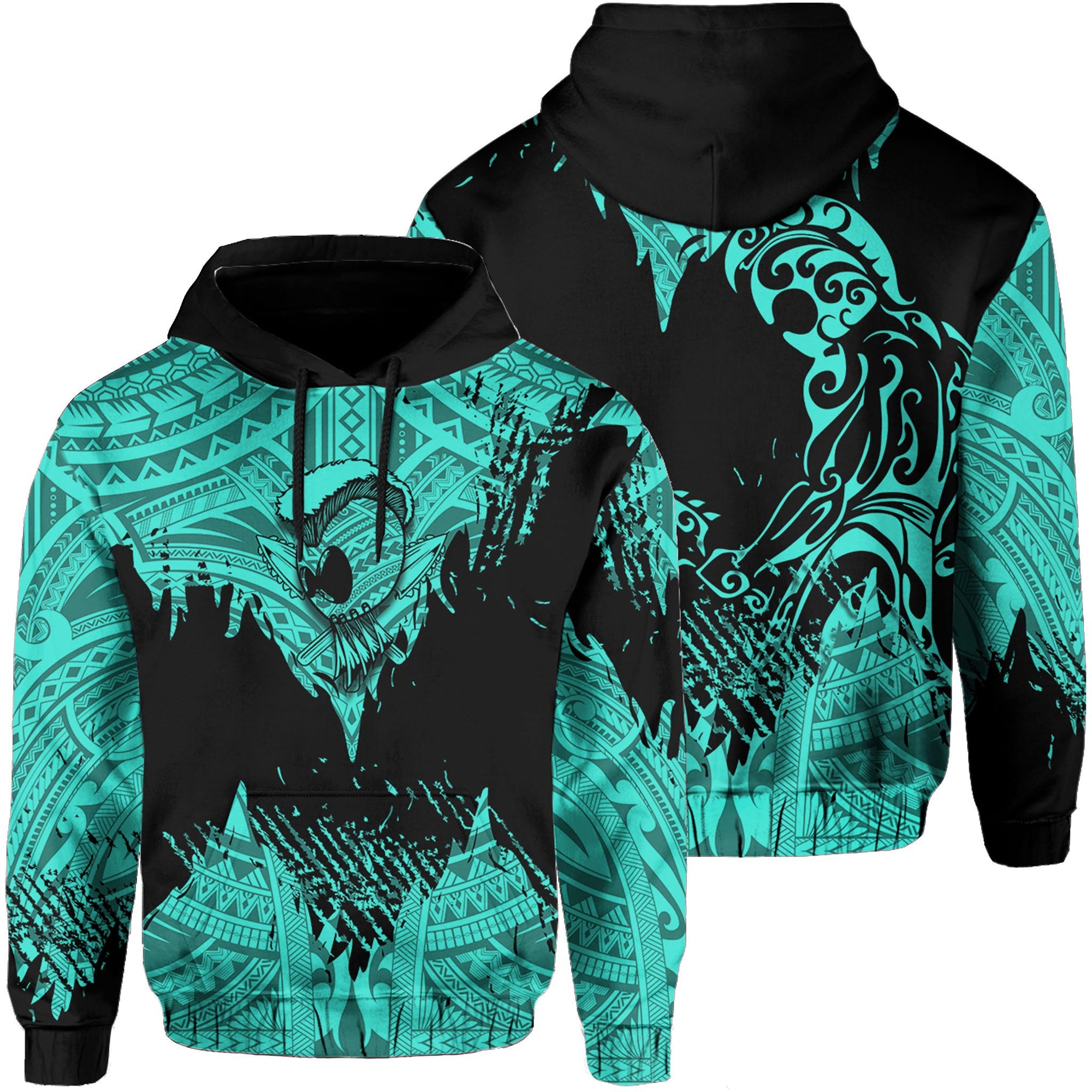 Hawaii Polynesian Hoodie Warrior Ikaika Benjamin Style Turquoise Unisex Black - Polynesian Pride