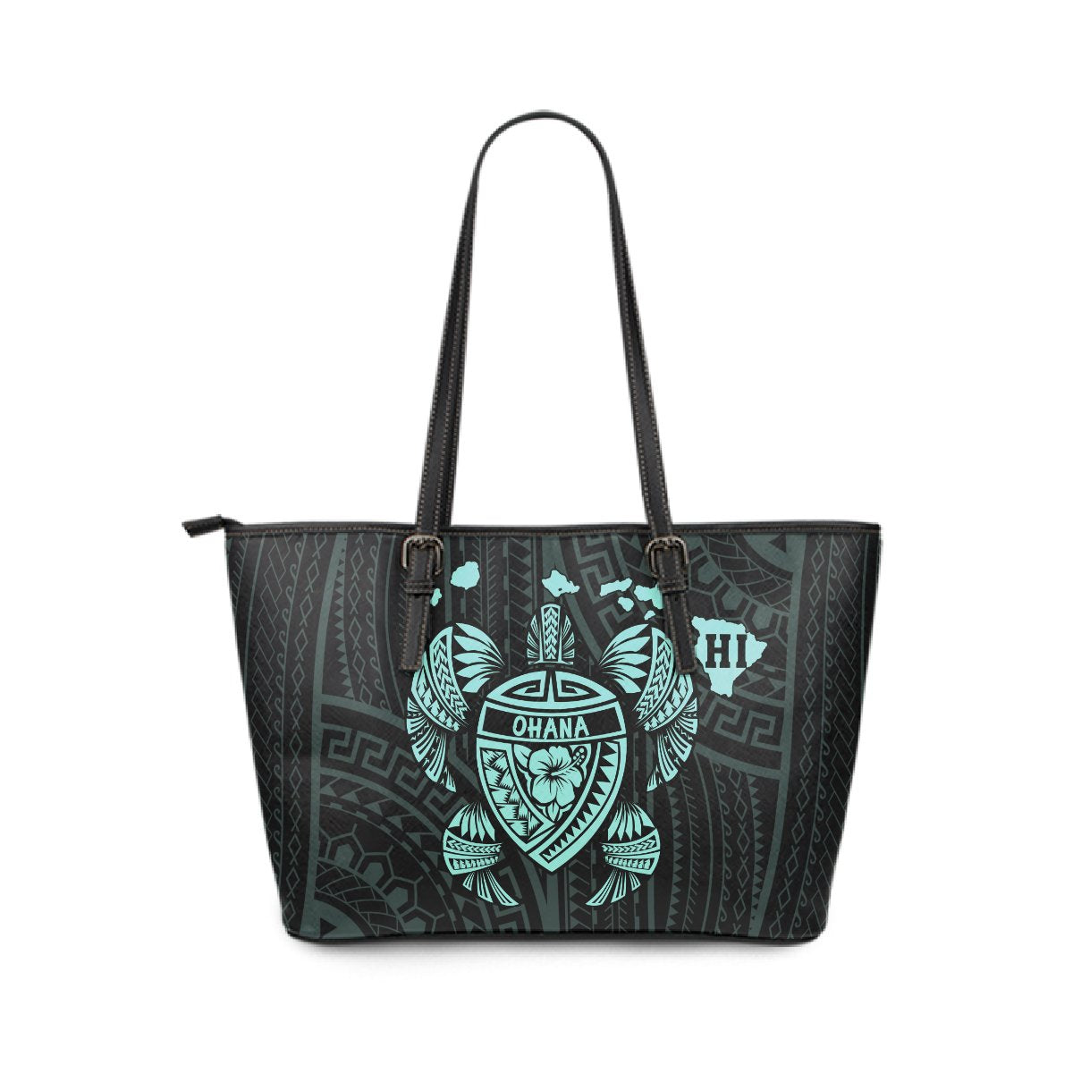 Hawaii Kakau Polynesian Ohana Turtle Map Small Leather Tote - Turquoise Turquoise - Polynesian Pride