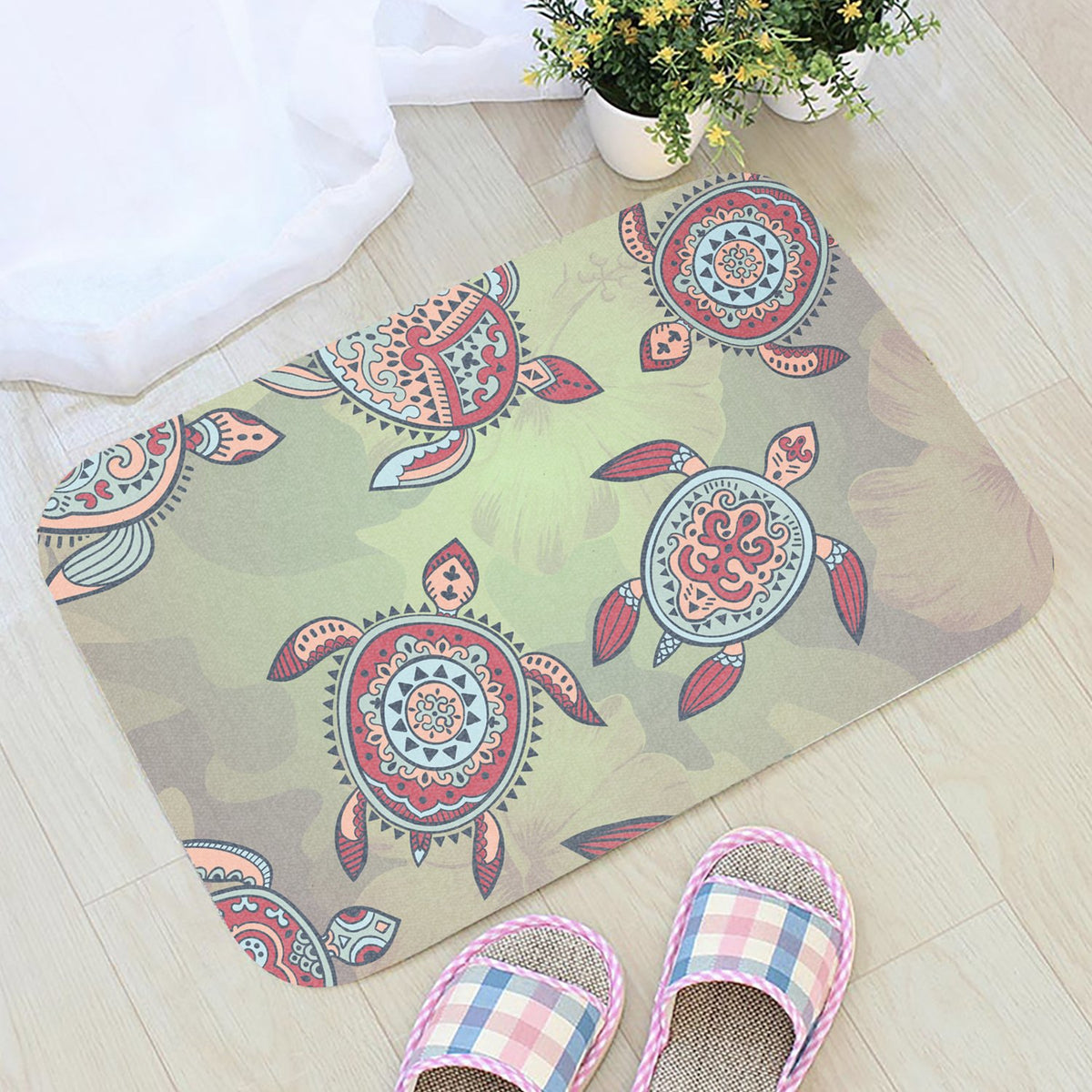 Turtle Colorful Hibiscus Backgorund Door Mat AH - Polynesian Pride