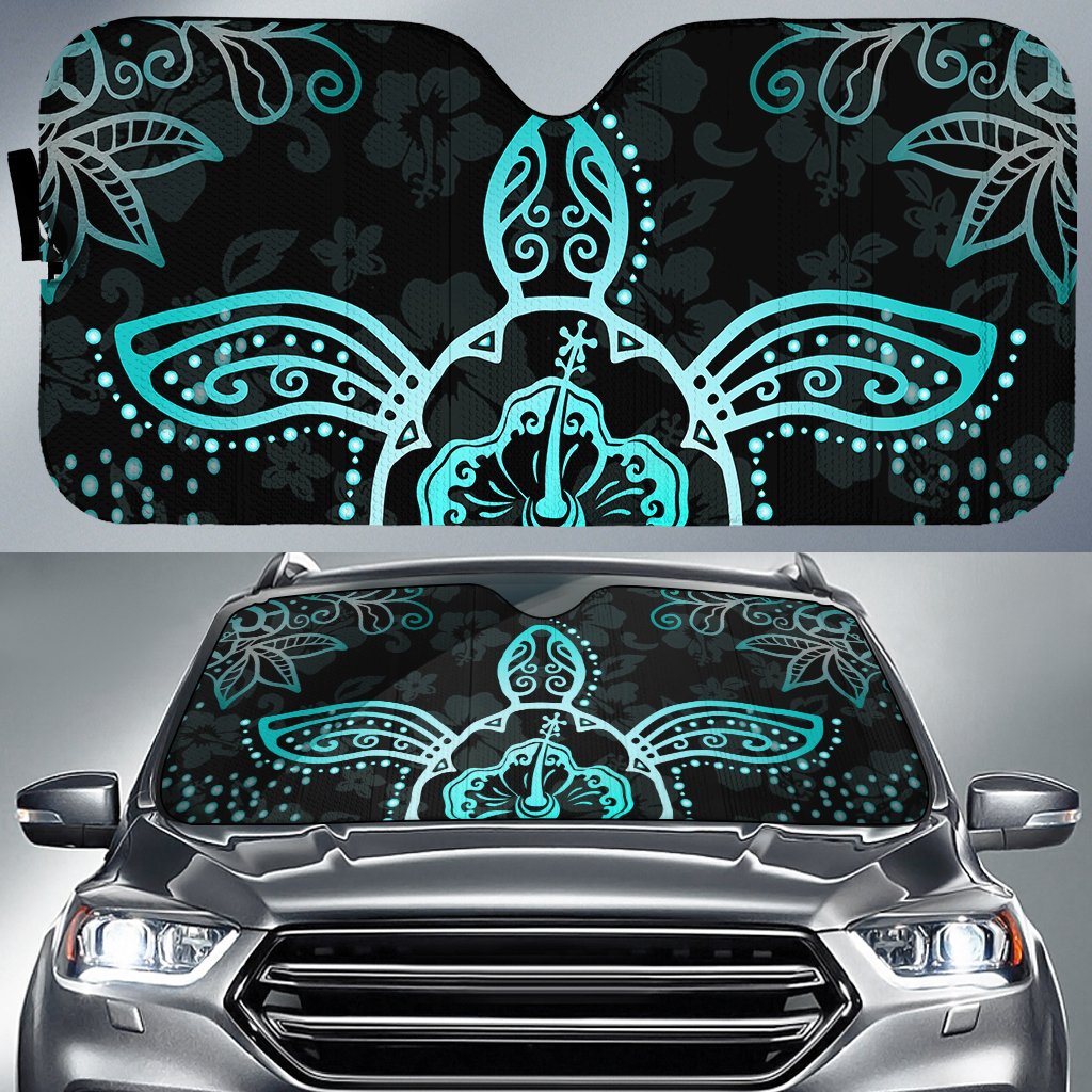 Turtle Hibiscus Blue Car Sun Shade AH Auto Sun Shade Universal Fit White - Polynesian Pride