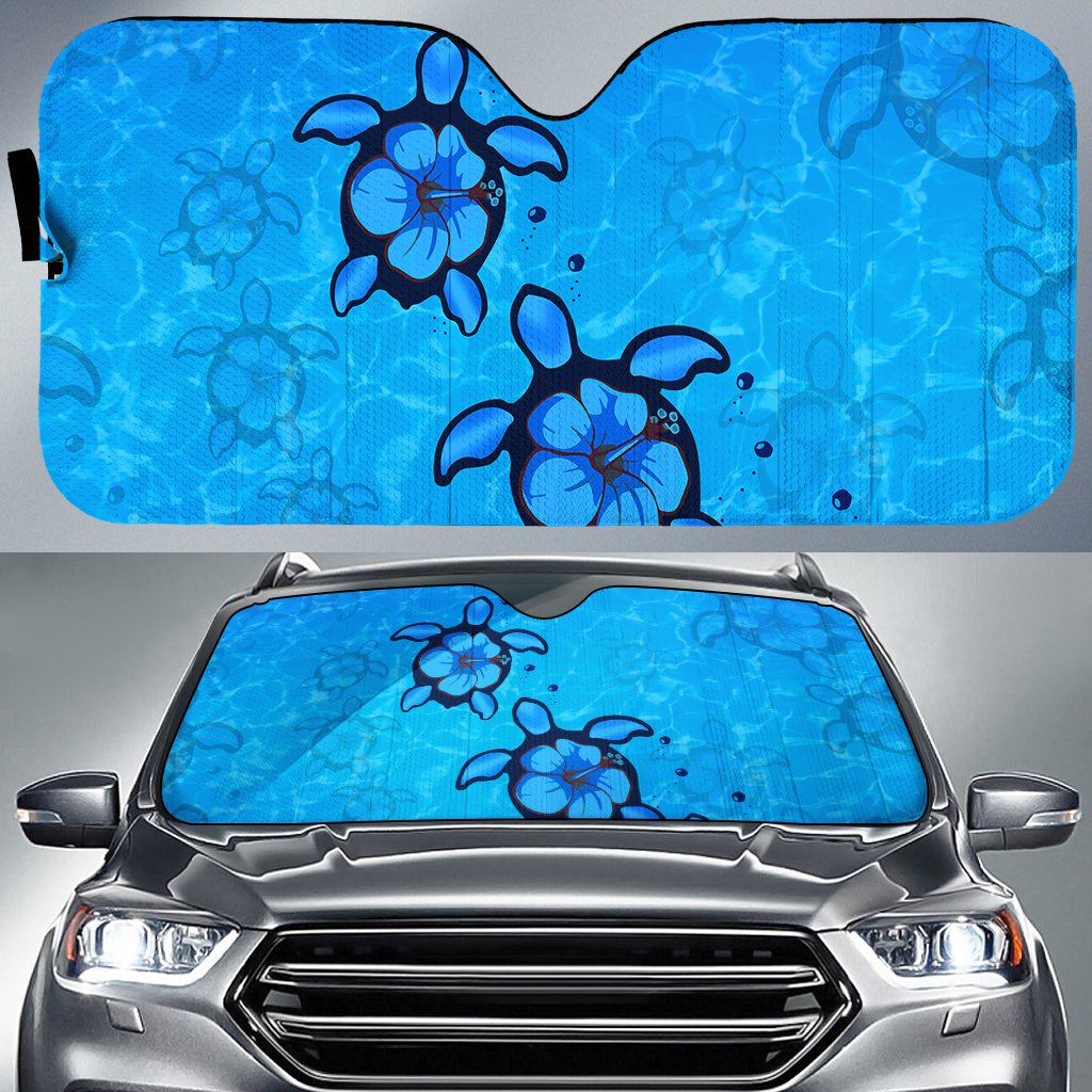 Turtle Hibiscus Swim In Sea Car Sun Shade AH Auto Sun Shade Universal Fit White - Polynesian Pride