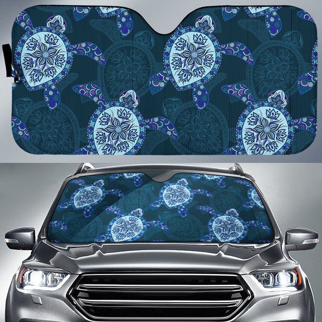Turtle Plumeria Blue Car Sun Shade AH Auto Sun Shade Universal Fit White - Polynesian Pride