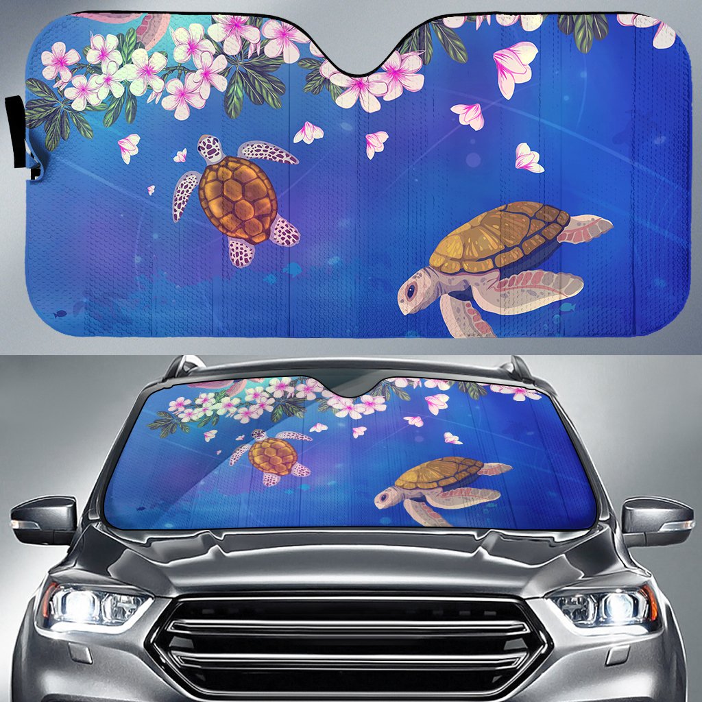 Turtle Plumeria Ocean Car Sun Shade AH Auto Sun Shade Universal Fit White - Polynesian Pride