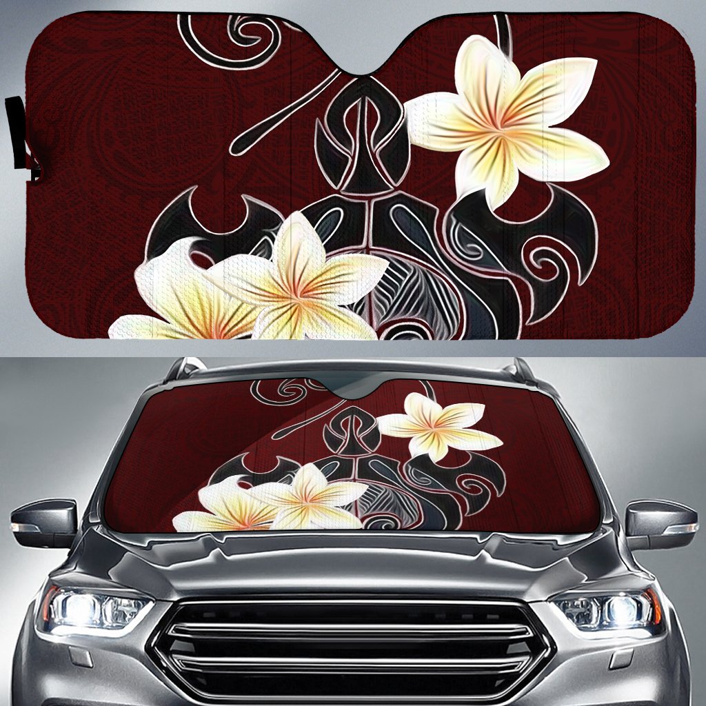 Turtle Poly Trinal Plumeria Red Car Sun Shade AH Auto Sun Shade Universal Fit White - Polynesian Pride