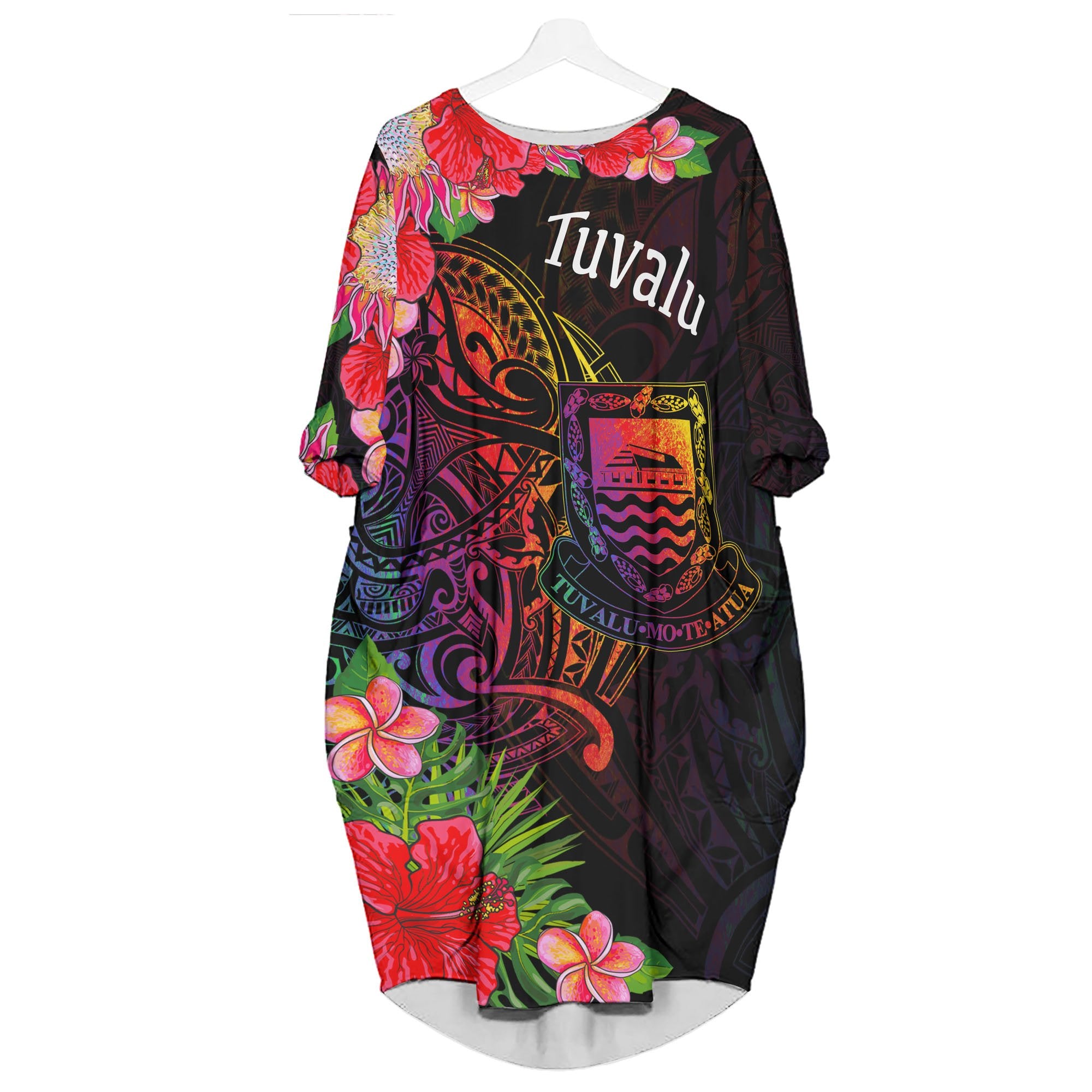 Tuvalu Batwing Pocket Dress - Tropical Hippie Style Women Black - Polynesian Pride