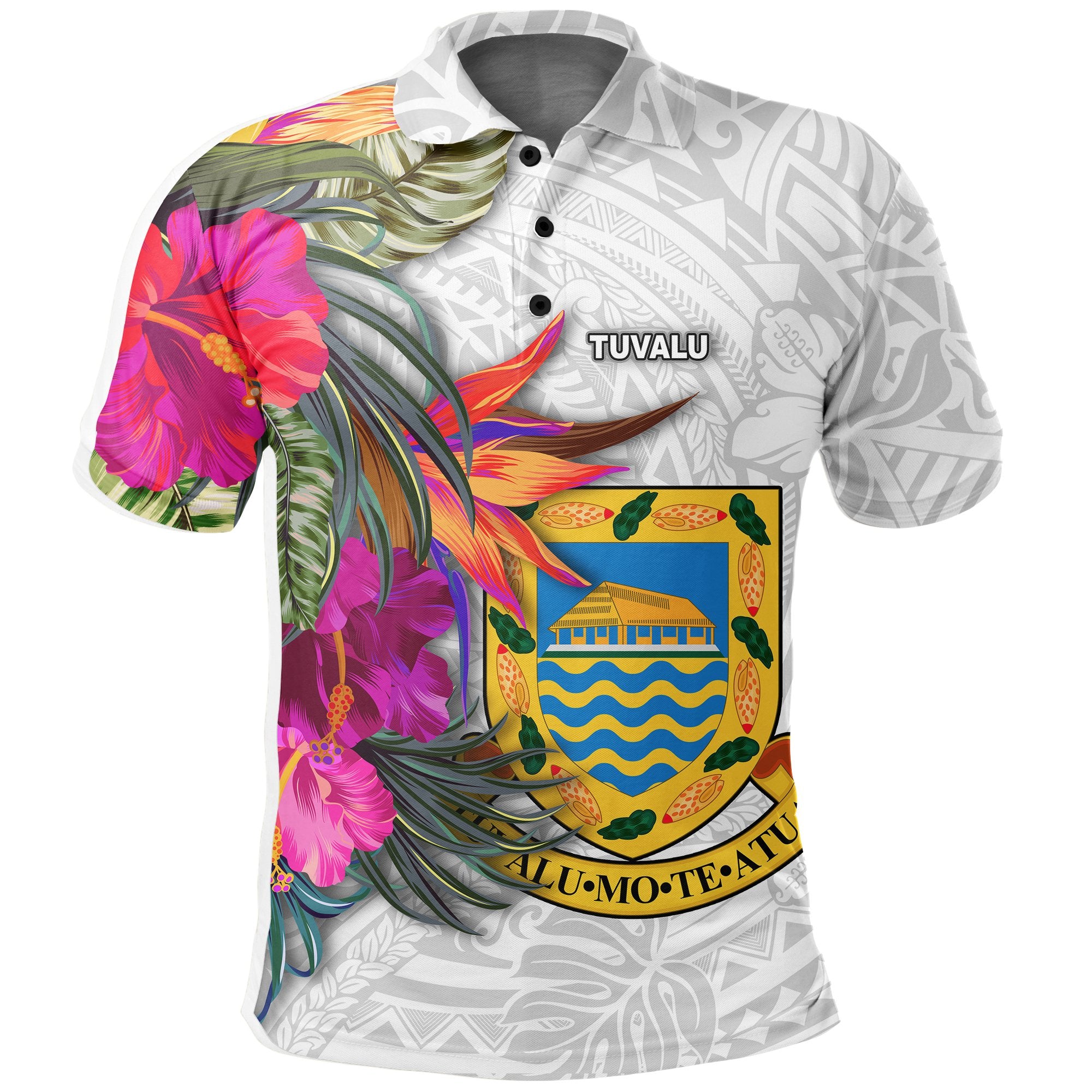 Tuvalu Polo Shirt Polynesian Hibiscus White Pattern Unisex White - Polynesian Pride