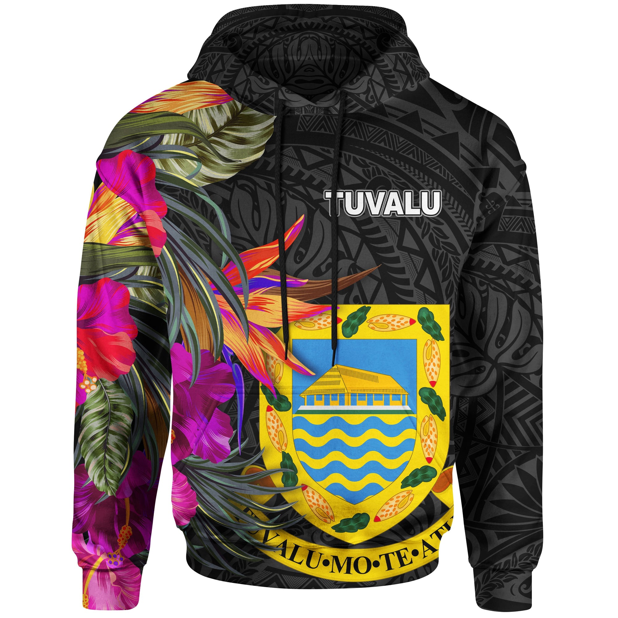 Tuvalu Hoodie Hibiscus Polynesian Pattern Unisex Black - Polynesian Pride