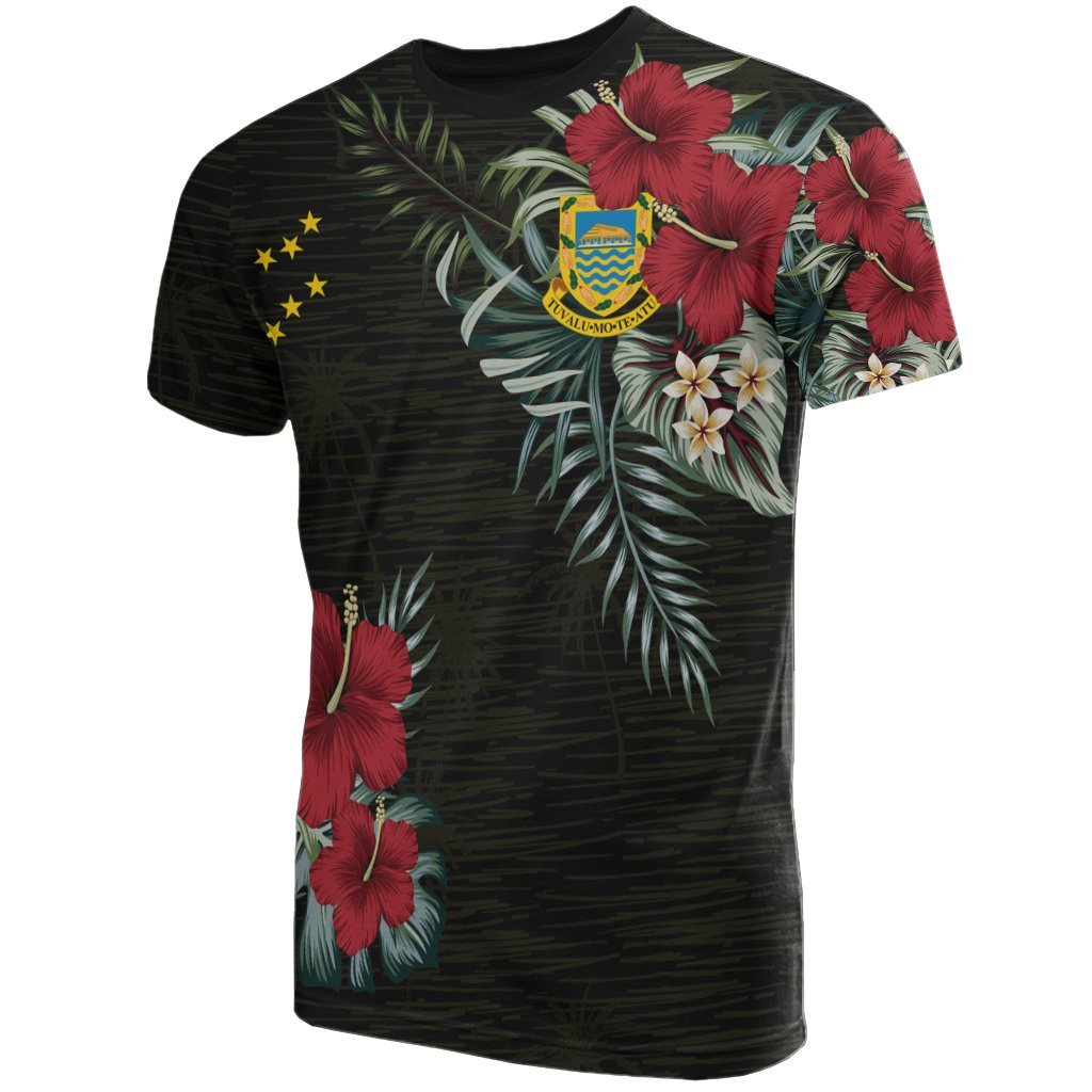 Tuvalu T Shirt Tuvaluan Coat of Arms Hibiscus Palm Leaves Unisex Black - Polynesian Pride
