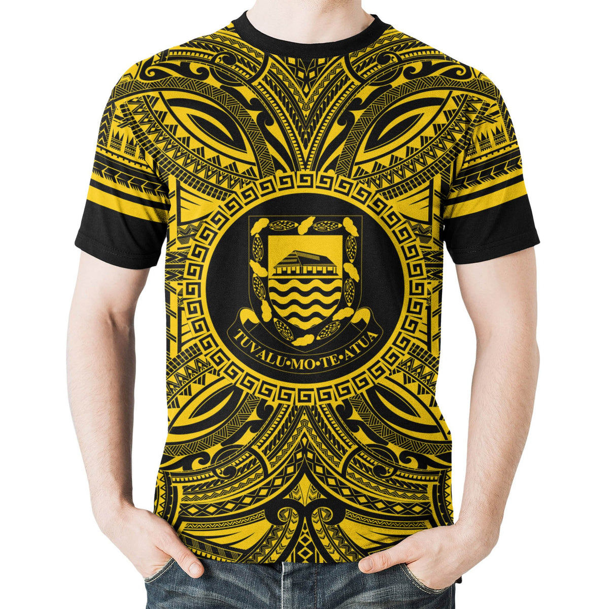 Tuvalu T Shirt Tuvaluan Coat of Arms Polynesian Gold Black - Polynesian Pride