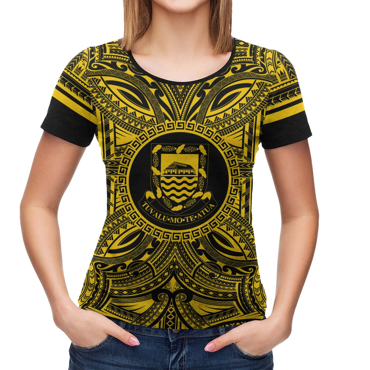 Tuvalu T Shirt Tuvaluan Coat of Arms Polynesian Gold Black - Polynesian Pride