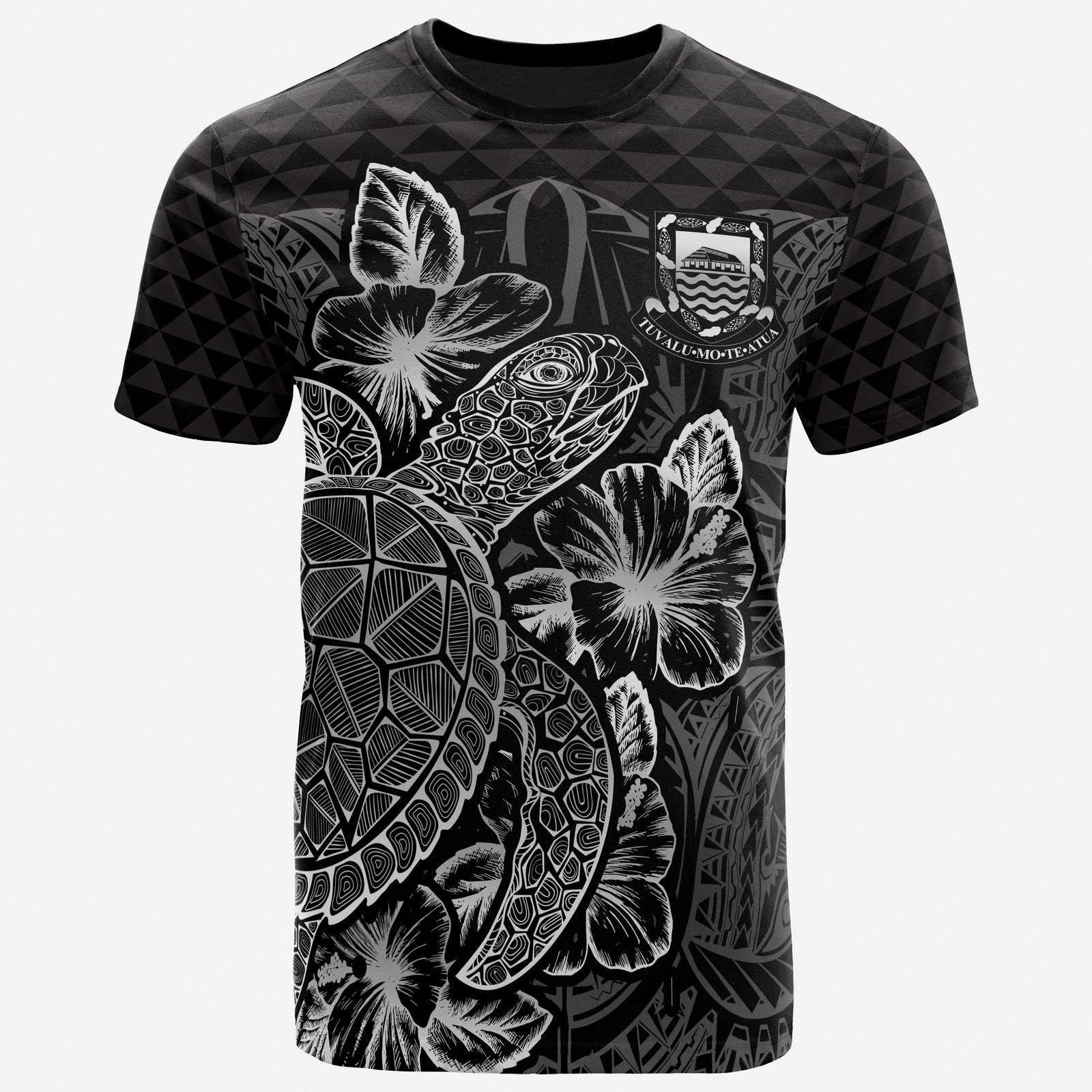 Tuvalu T Shirt Tuvaluan Coat of Arms Turtle Hibiscus Black Unisex Black - Polynesian Pride