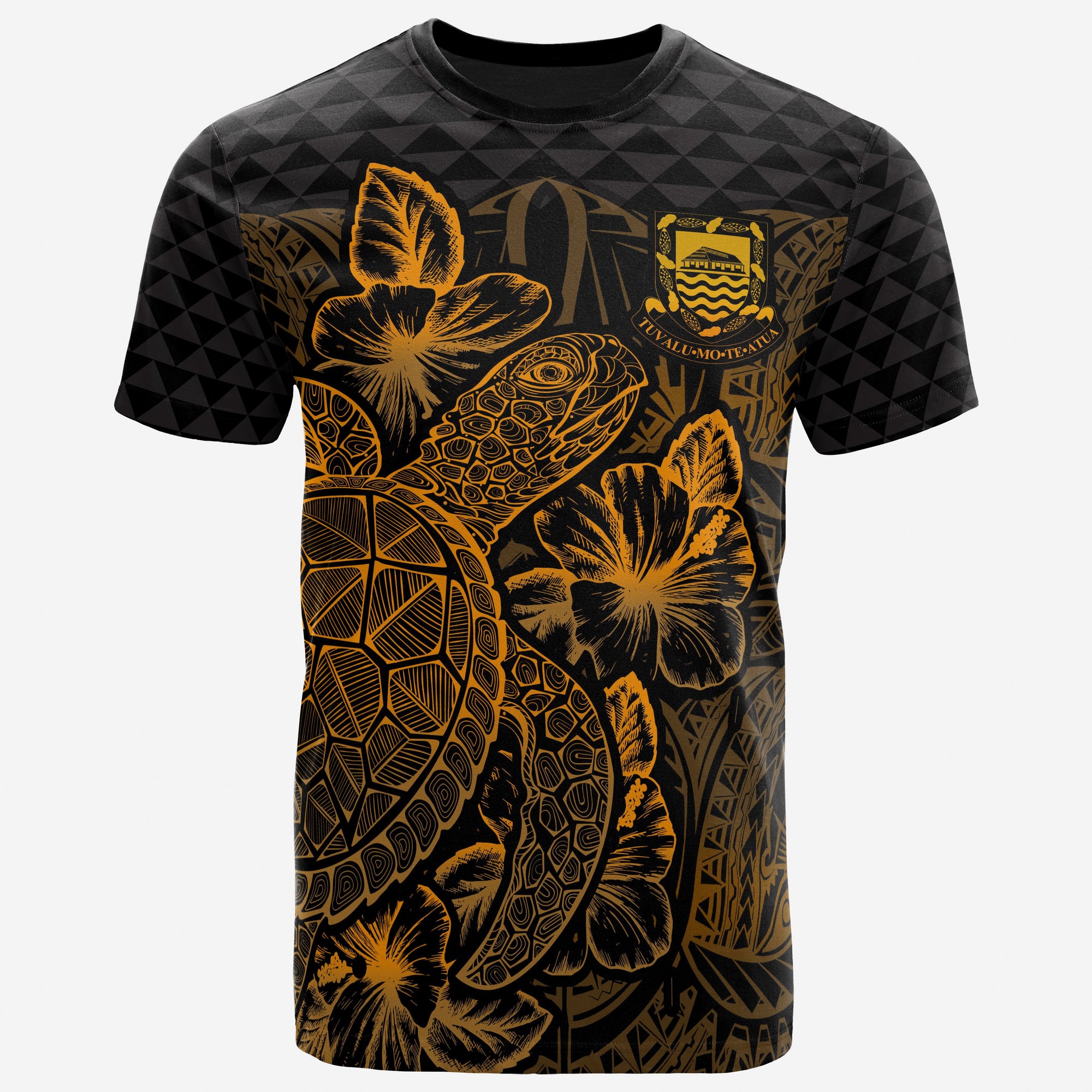 Tuvalu T Shirt Tuvaluan Coat of Arms Turtle Hibiscus Gold Unisex Gold - Polynesian Pride