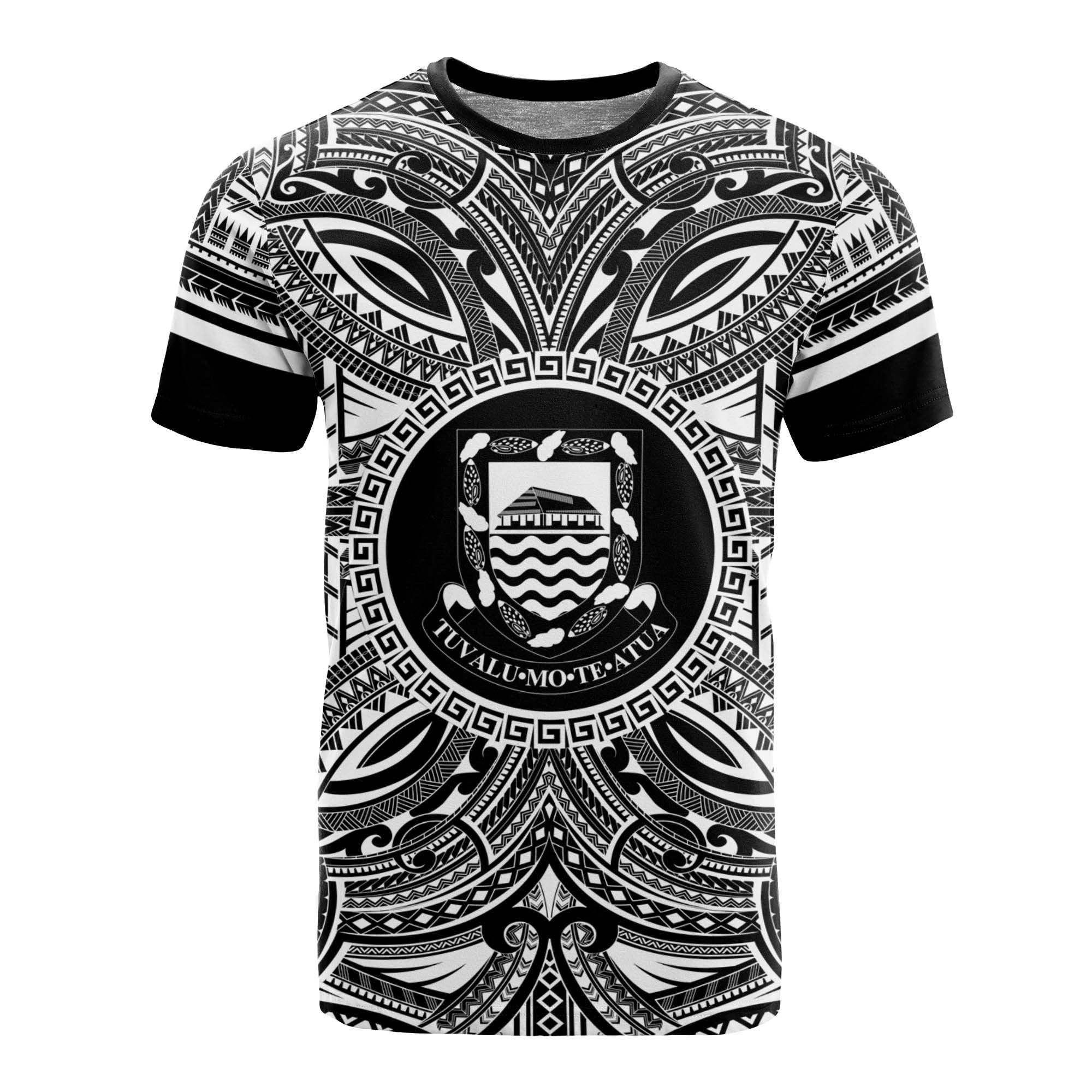 Tuvalu T Shirt Tuvaluan Coat of Arms Polynesian White Black Unisex Black - Polynesian Pride