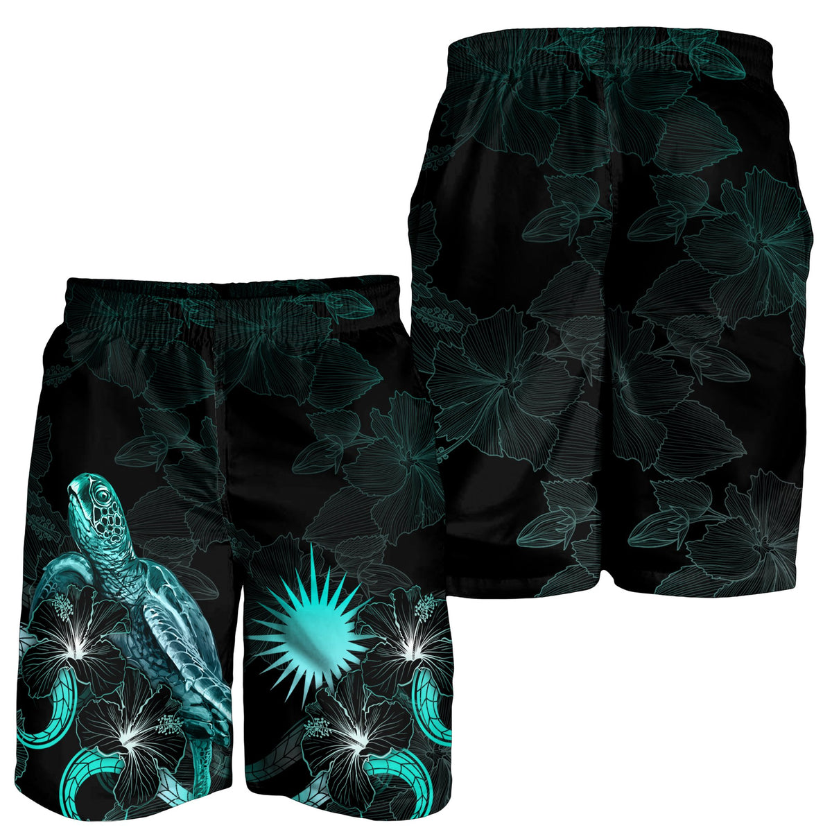 Marshall Islands Polynesian Men's Shorts - Turtle With Blooming Hibiscus Turquoise - Polynesian Pride