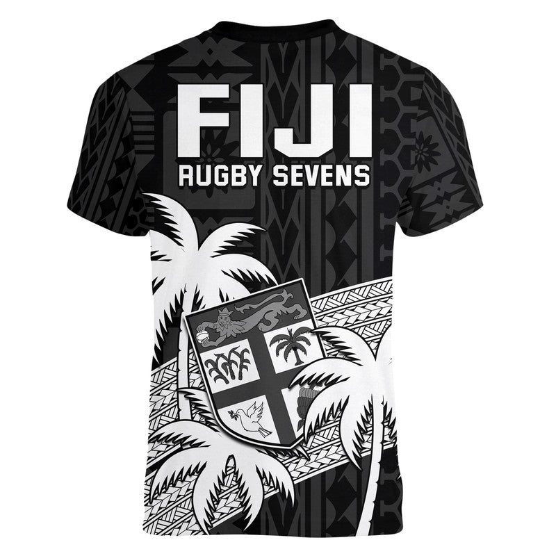 Fiji Rugby Sevens V-Neck T Shirt Tapa Palm Tree and Fijian Coat of Arms LT9 - Polynesian Pride