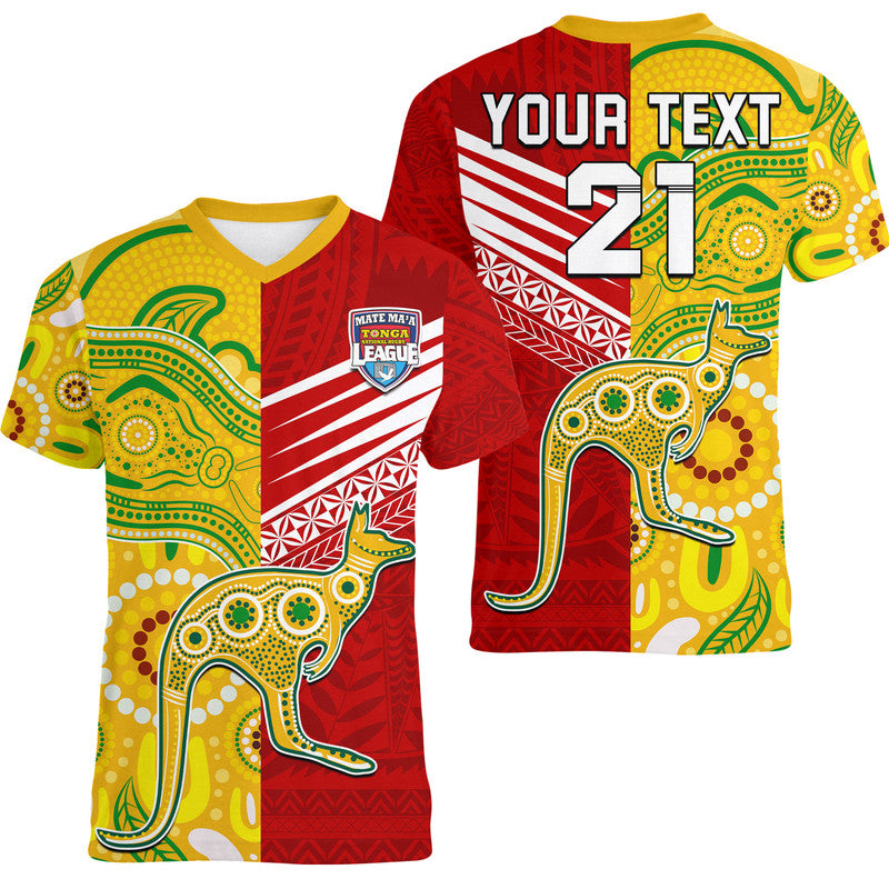 (Custom Personalised) Australia Kangaroos and Mate Maa Tonga V-Neck T Shirt LT9 - Polynesian Pride