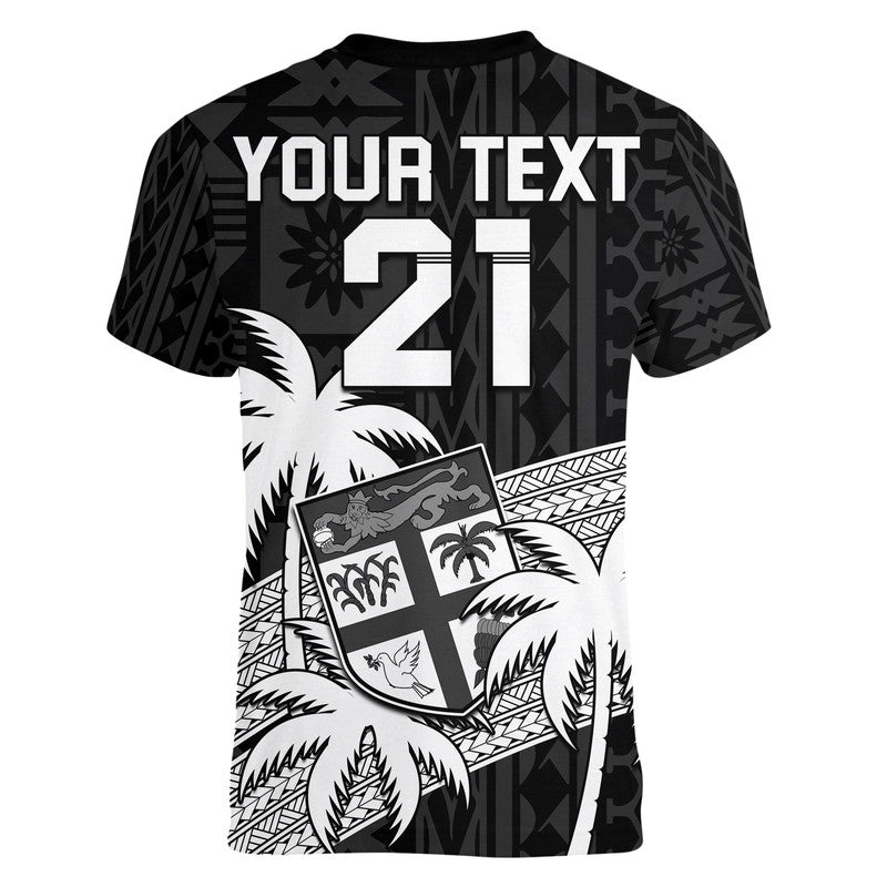 (Custom Text And Number) Fiji Rugby Sevens V-Neck T Shirt Tapa Palm Tree and Fijian Coat of Arms LT9 - Polynesian Pride