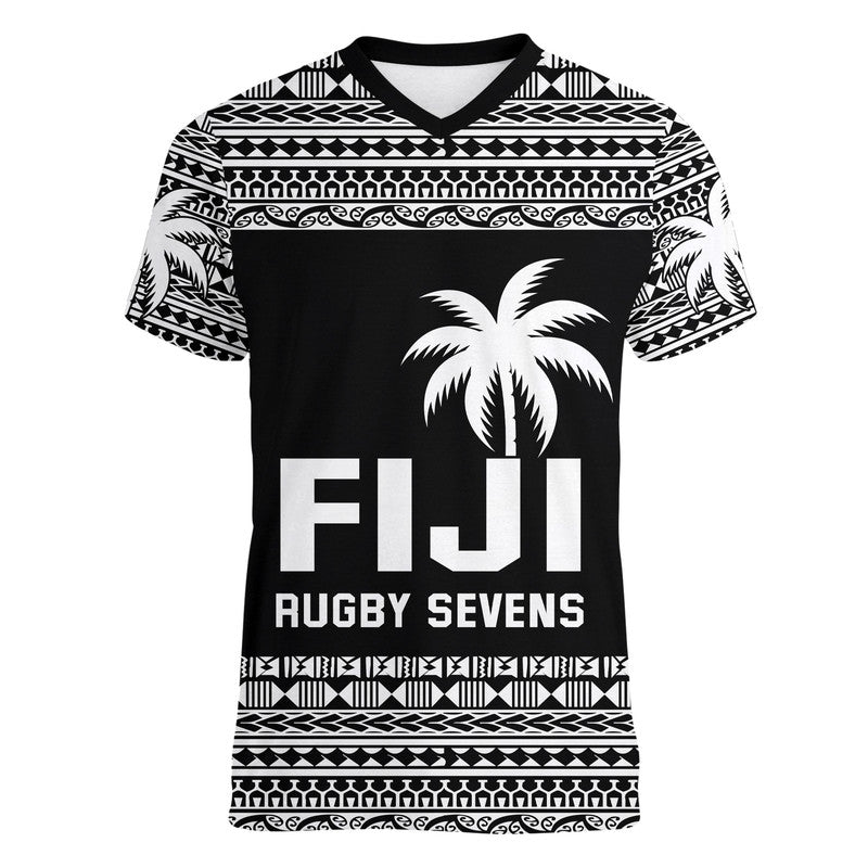 (Custom Text And Number) Fiji Rugby Sevens V-Neck T Shirt Simple Style LT9 Female Blue - Polynesian Pride