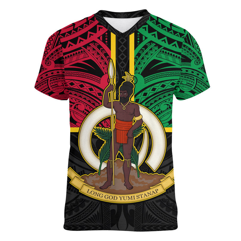 Vanuatu V-Neck T Shirt Tribal Vanuatu Coat Of Arms Flag Style No2 LT9 Female Black - Polynesian Pride