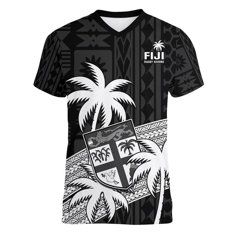 Fiji Rugby Sevens V-Neck T Shirt Tapa Palm Tree and Fijian Coat of Arms LT9 Female Blue - Polynesian Pride