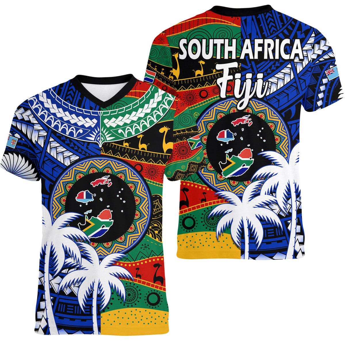 Indigenous South Africa Mixed Fiji Palm Tapa V-Neck T Shirt LT9 - Polynesian Pride