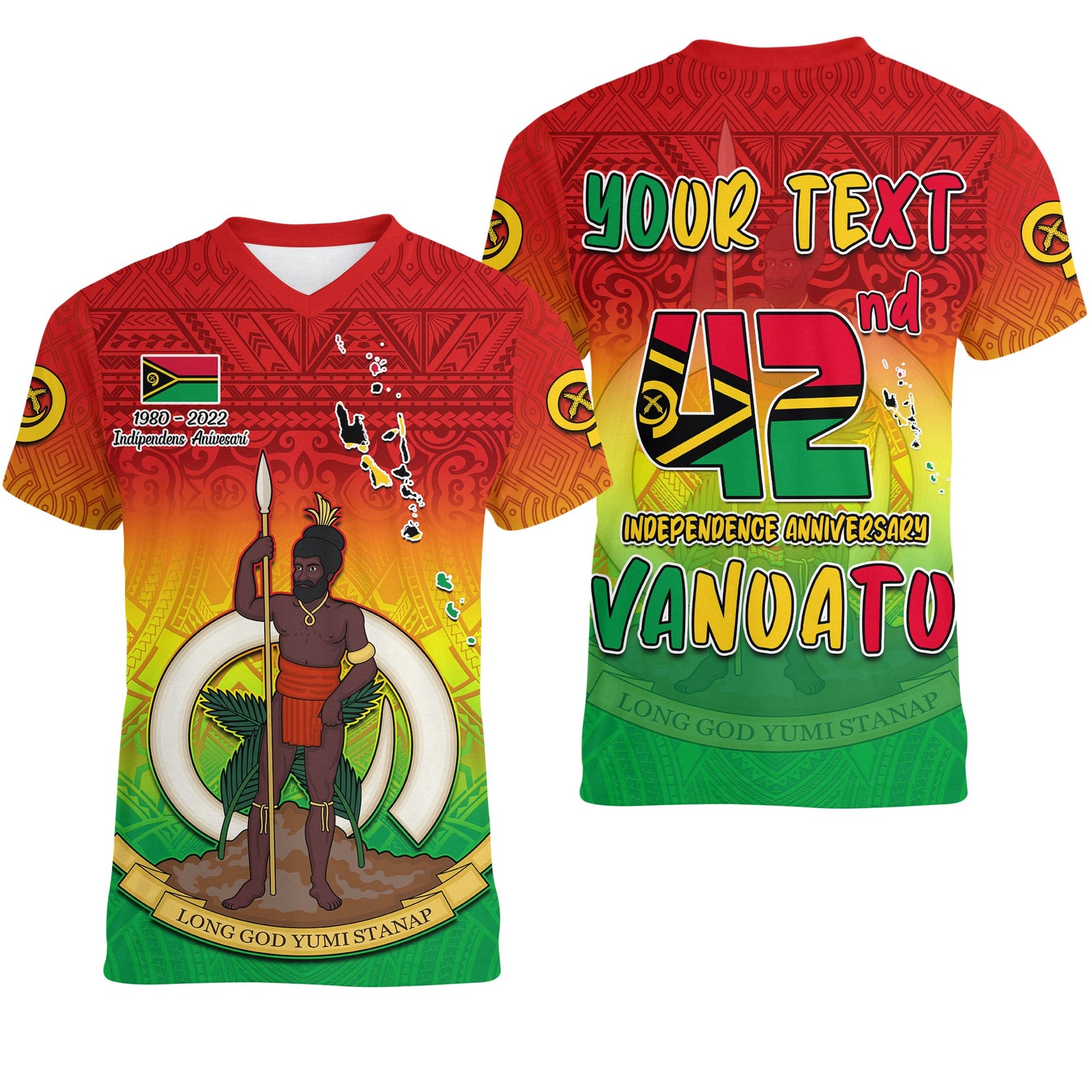 Custom Vanuatu Independence Day V neck T Shirt 42nd Anniversary Yumi Yumi Yumi LT13 Red - Polynesian Pride