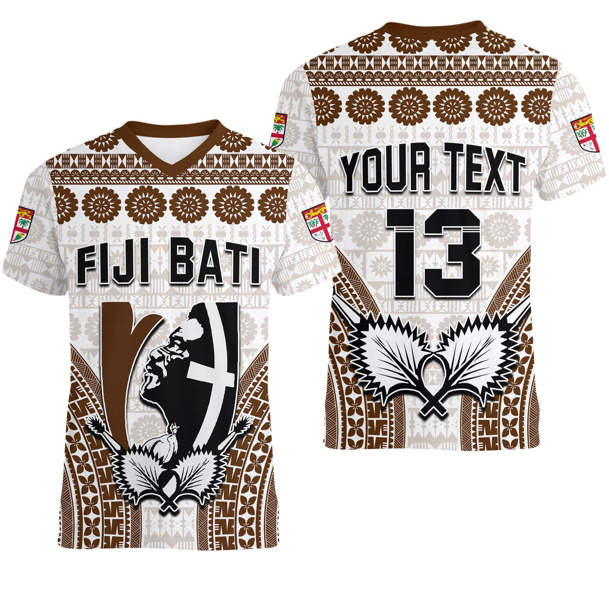 Custom Text and Number Fiji Rugby Bati V Neck T Shirt Proud Tapa Pattern LT13 White - Polynesian Pride