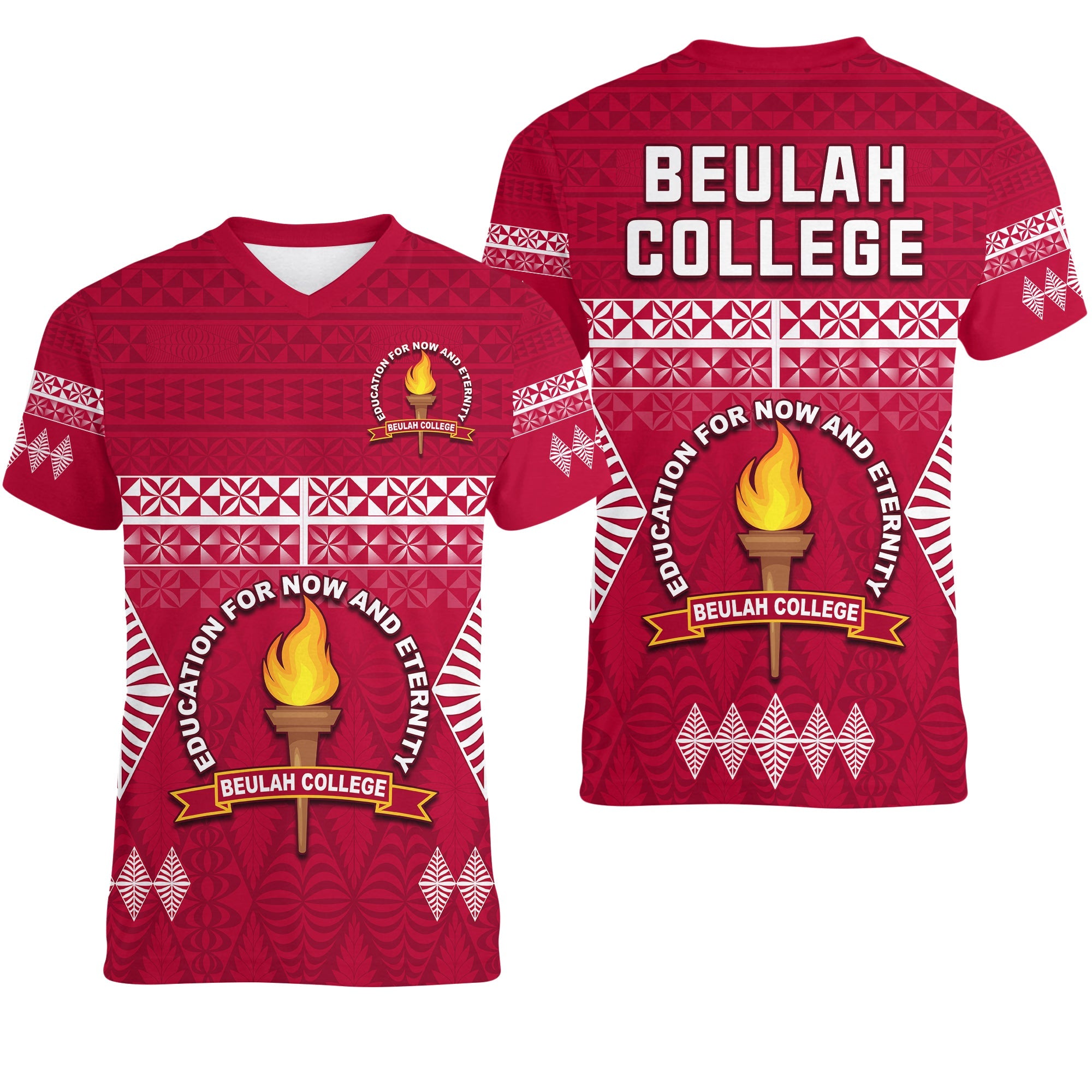 Beulah College V - Neck T Shirt Ngatu Pattern Tonga LT13 Maroon - Polynesian Pride