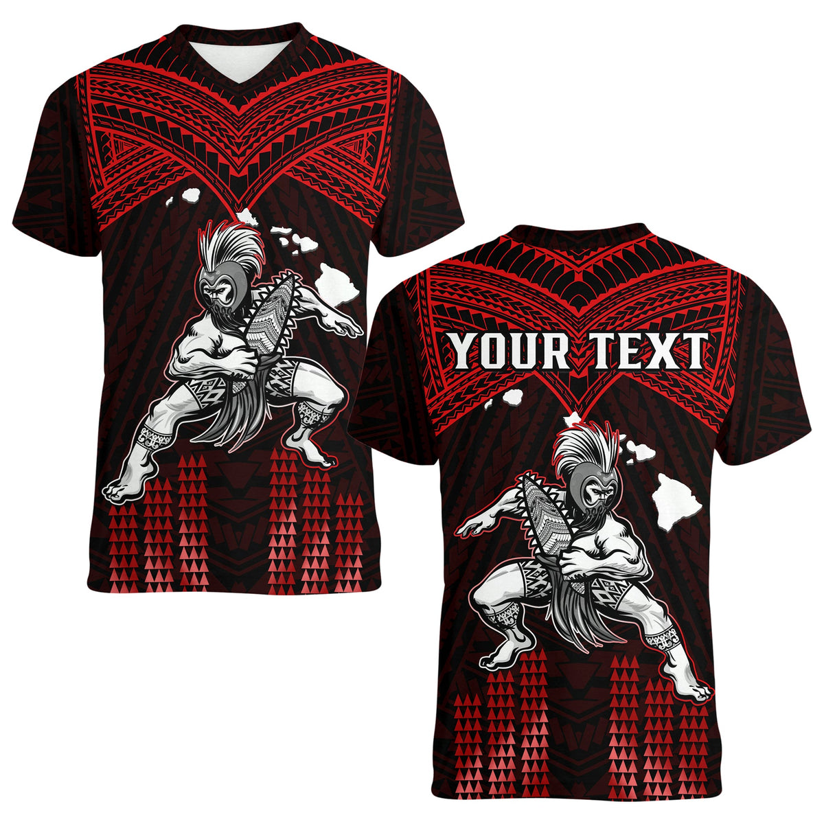 (Custom Personalised) Hawaii V-Neck T Shirt Hawaiian Warrior With Weapon Polynesian Ver.05 LT14 Female Red - Polynesian Pride