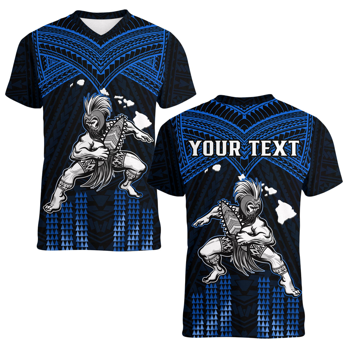 (Custom Personalised) Hawaii V-Neck T Shirt Hawaiian Warrior With Weapon Polynesian Ver.06 LT14 Female Blue - Polynesian Pride