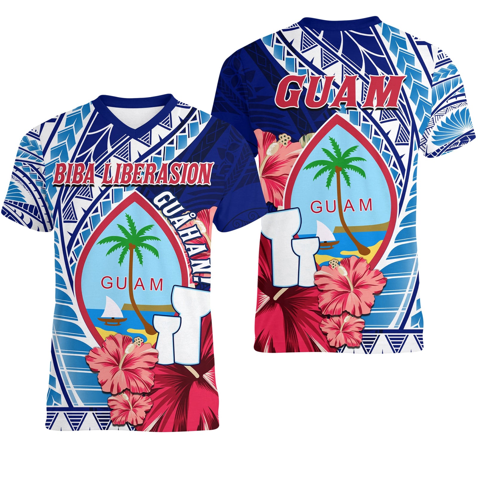 Guam Chamorro V neck T Shirt Happy Liberation Day Latte Stone LT13 Blue - Polynesian Pride