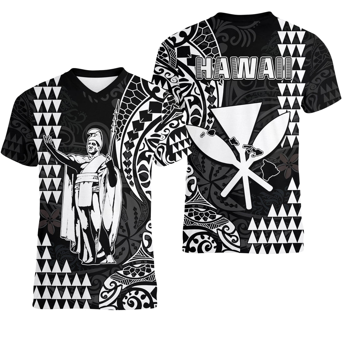 Hawaii Day Kakau V-Neck T Shirt Proud To Be Hawaiian Black King Kamehameha and Kanaka Maoli LT13 Female Black - Polynesian Pride