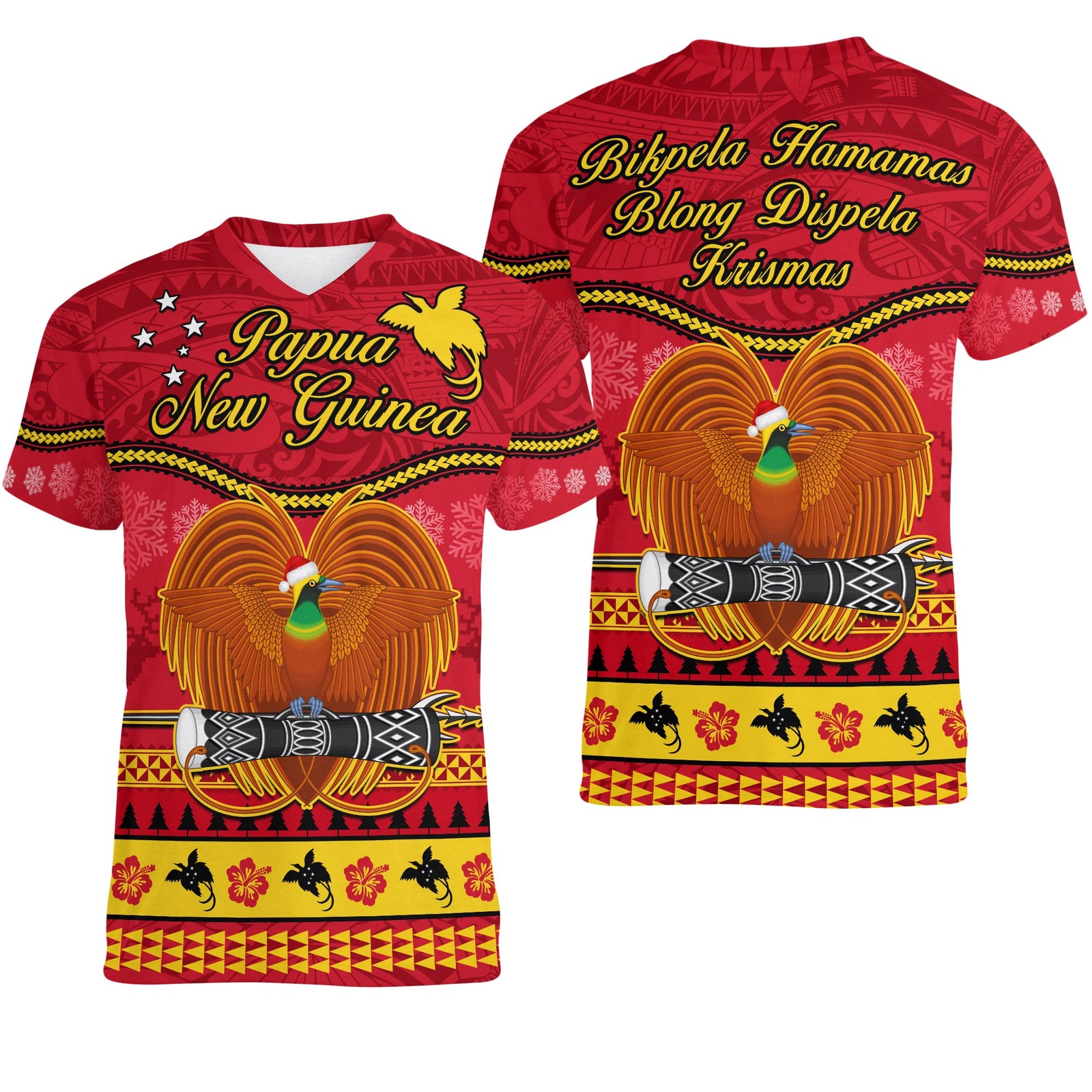 Papua New Guinea Christmas V-Neck T Shirt Bird Of Paradise Bikpela Hamamas Blong Dispela Krismas LT14 Female Red - Polynesian Pride
