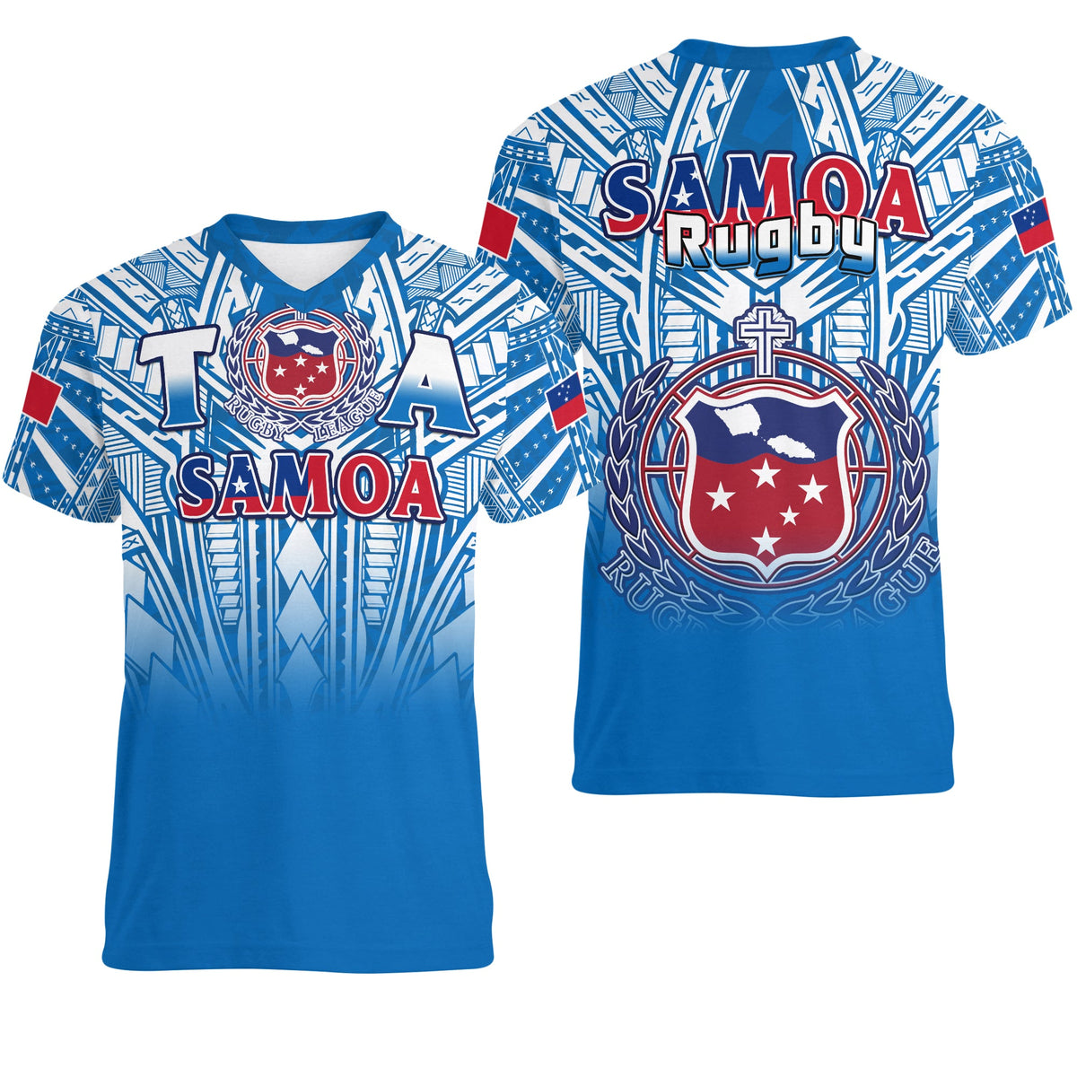 Samoa Rugby V-Neck T Shirt Toa Samoa Polynesian Pacific Blue Version LT14 Female Blue - Polynesian Pride