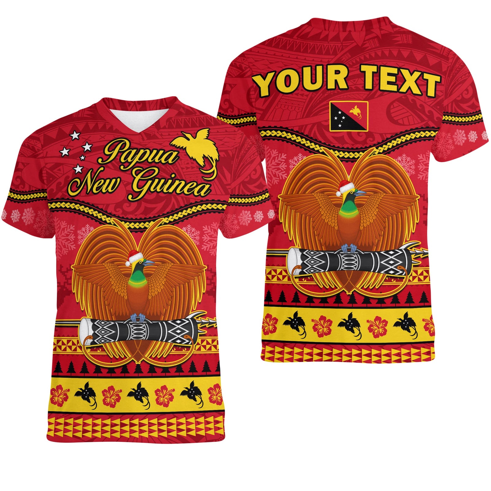 (Custom Personalised) Papua New Guinea Christmas V-Neck T Shirt Bird Of Paradise Bikpela Hamamas Blong Dispela Krismas LT14 Female Red - Polynesian Pride