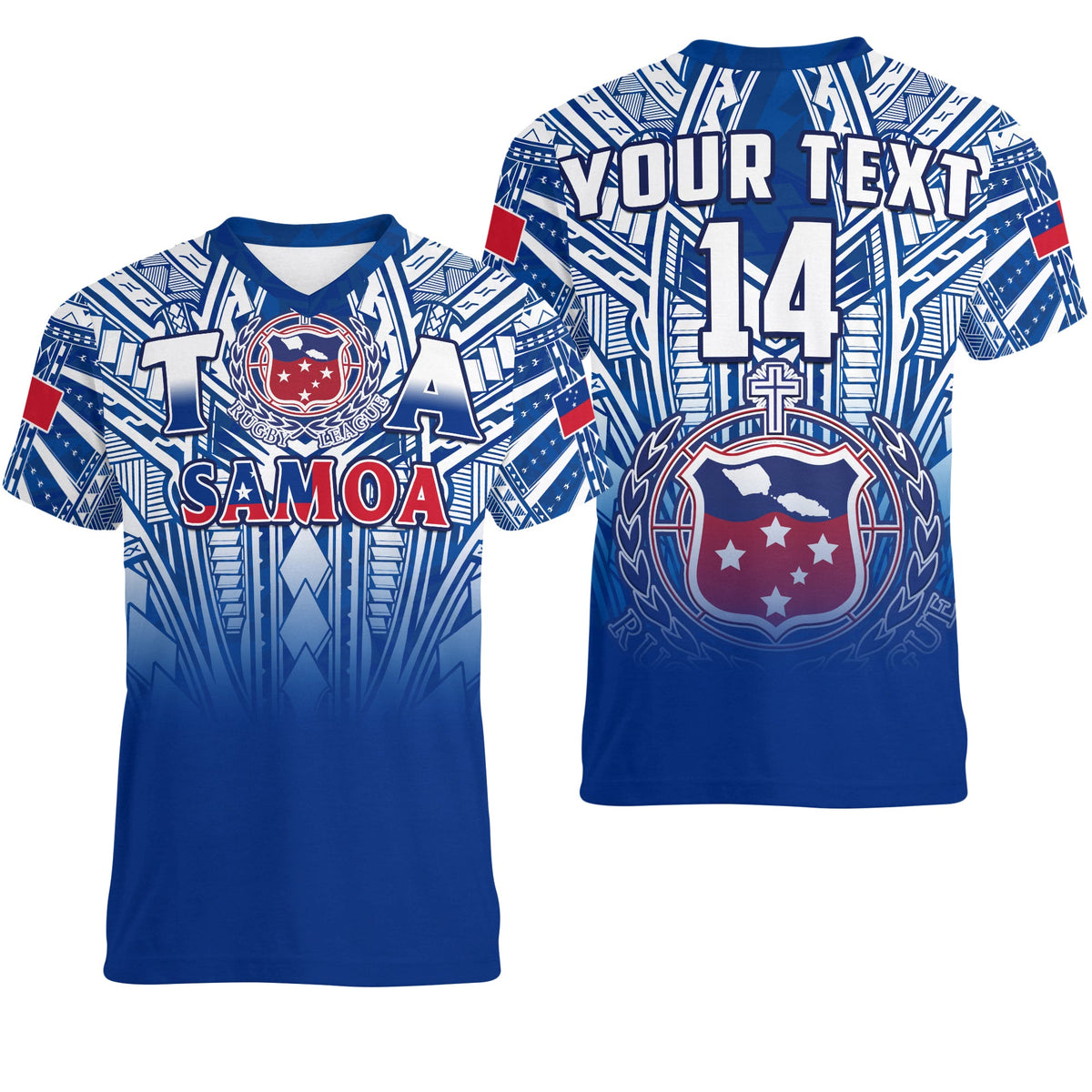 (Custom Text And Number) Samoa Rugby V-Neck T Shirt Personalise Toa Samoa Polynesian Pacific Navy Version LT14 Female Blue - Polynesian Pride