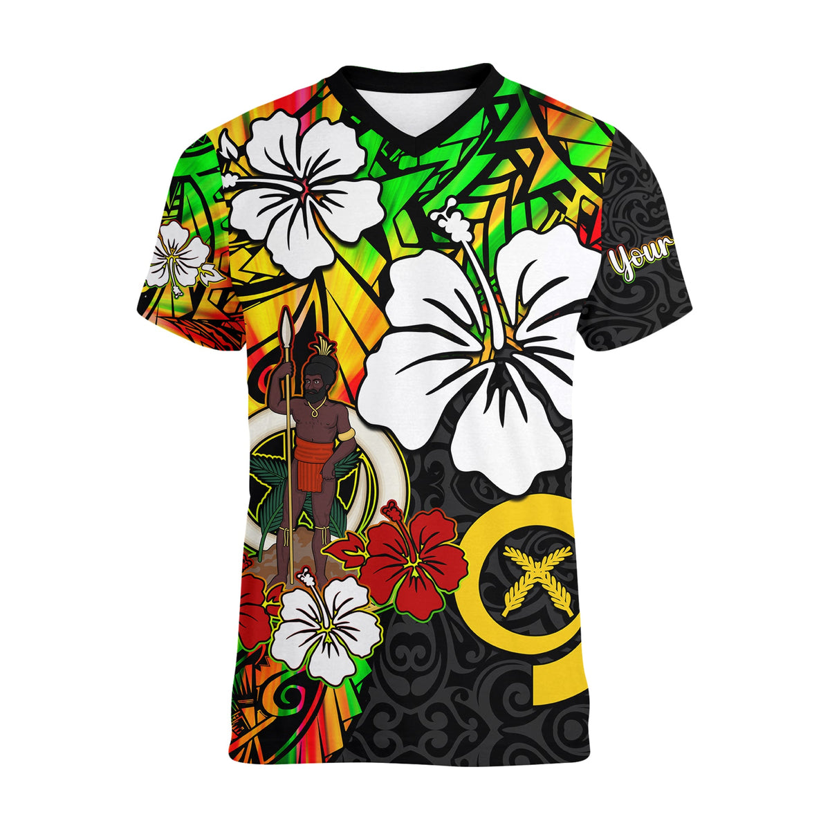 Custom Vanuatu V Neck T Shirt Polynesia Tie Dye Hibiscus Flowers LT13 - Polynesian Pride