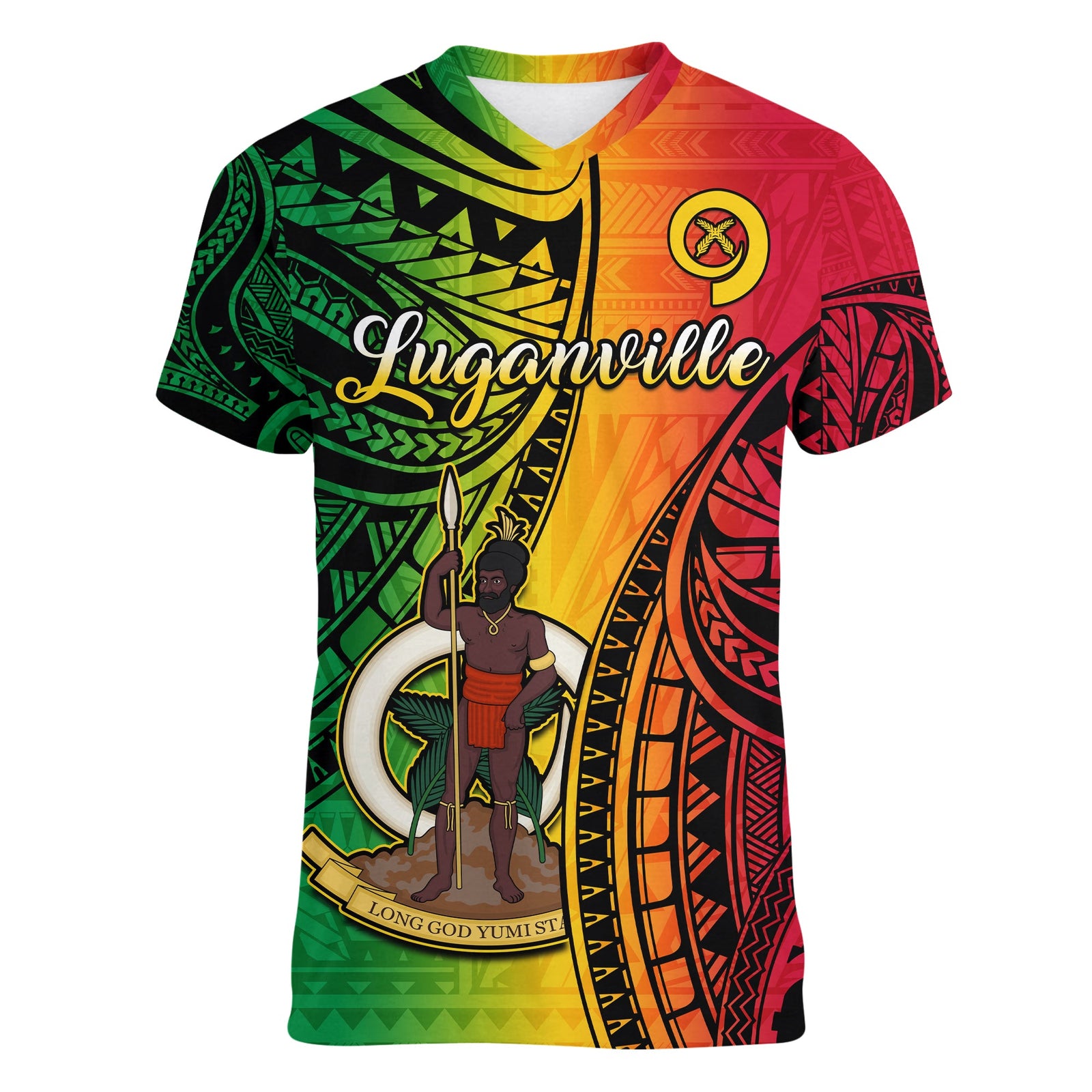 Vanuatu V-Neck T Shirt Luganville Polynesian Reggae Coat Of Arms LT14 Female Reggae - Polynesian Pride